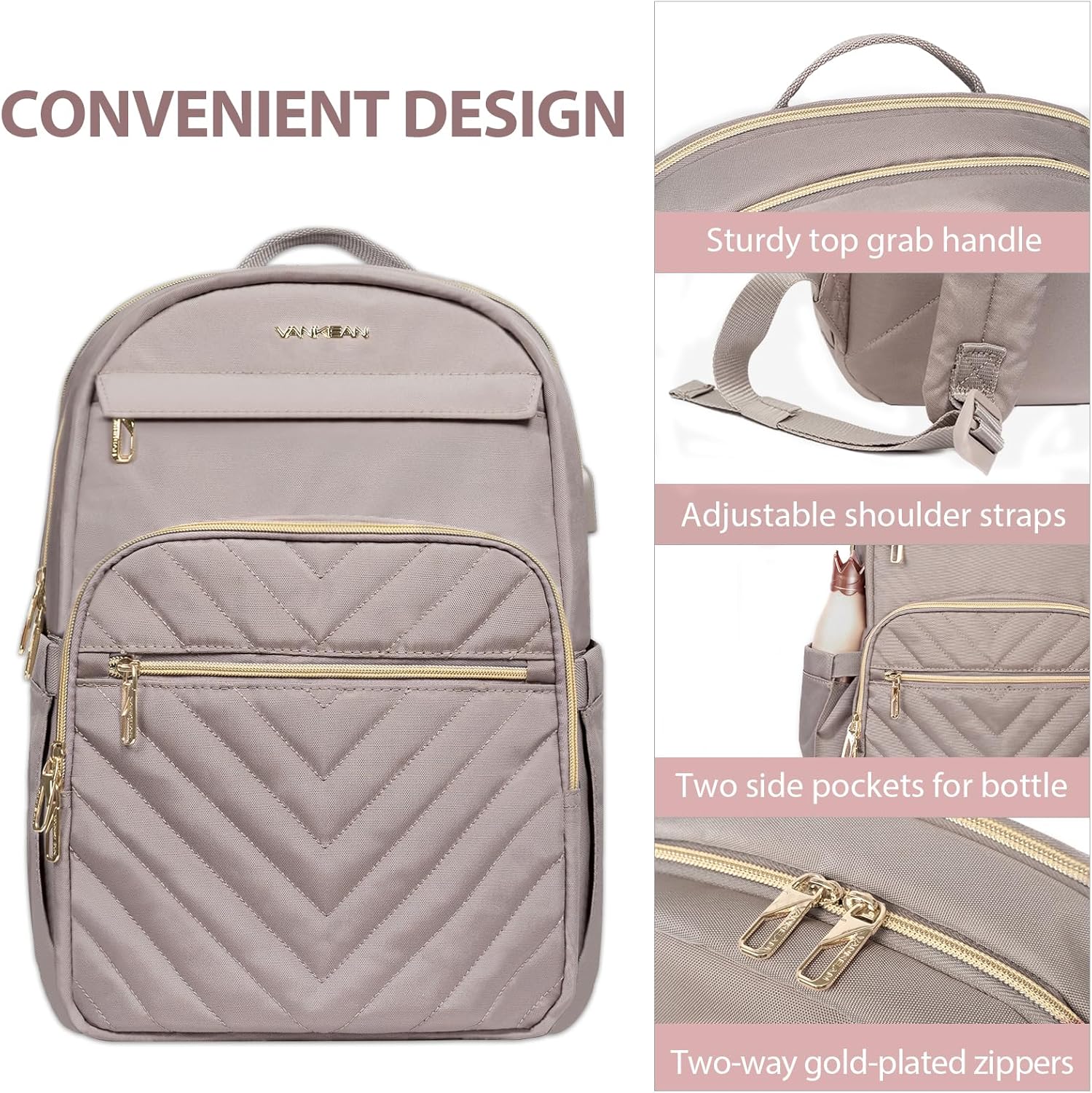 VANKEAN Laptop Backpack for Women with USB Port,15.6 Inch Laptop Computer Bag Travel Backpack Purse,Waterproof Work Business Backpack College Teacher Bags, Light Dusty Pink