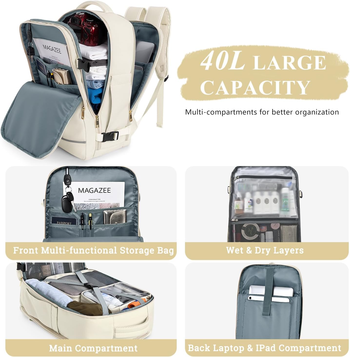 40L Travel Backpack – Waterproof Flight Approved Carry - On Personal Item Bag with Laptop Compartment & Packing Cubes - Abbycart