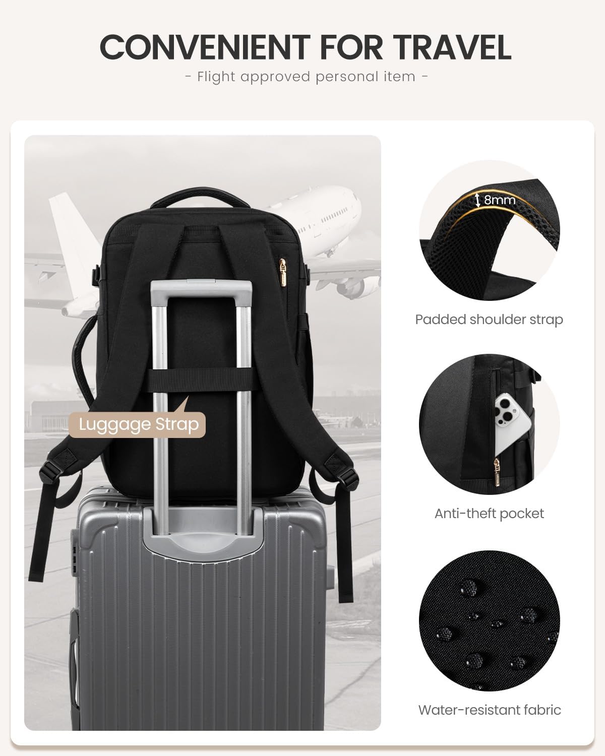 56L Travel Backpack for Women Men, Medium Checked Backpack for Airplanes TSA Personal Item Travel Bag fits 18" Laptop, Waterproof Weekender Essentials Airline Approved with 2 Packing Cubes