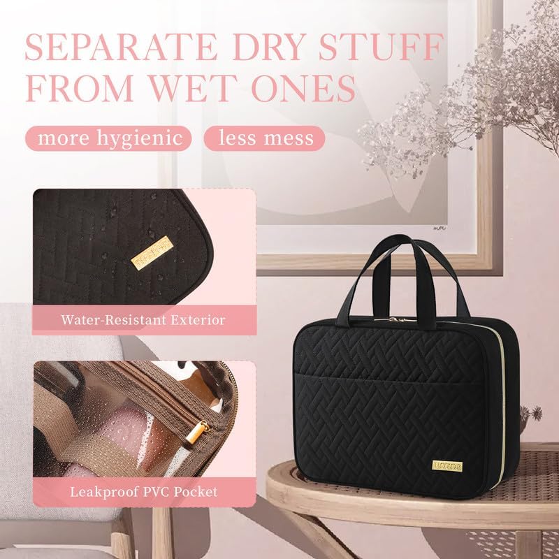 Water-resistant quilted exterior and leakproof clear PVC pocket close-ups next to the black hanging toiletry bag