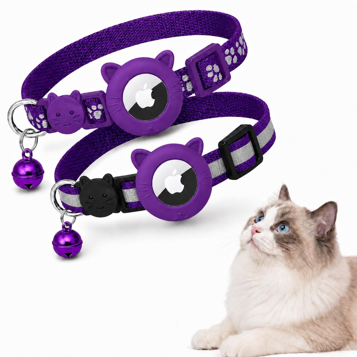 Breakaway AirTag Cat Collar 2-Pack – Reflective Nylon Collars with Bell & Silicone Holder