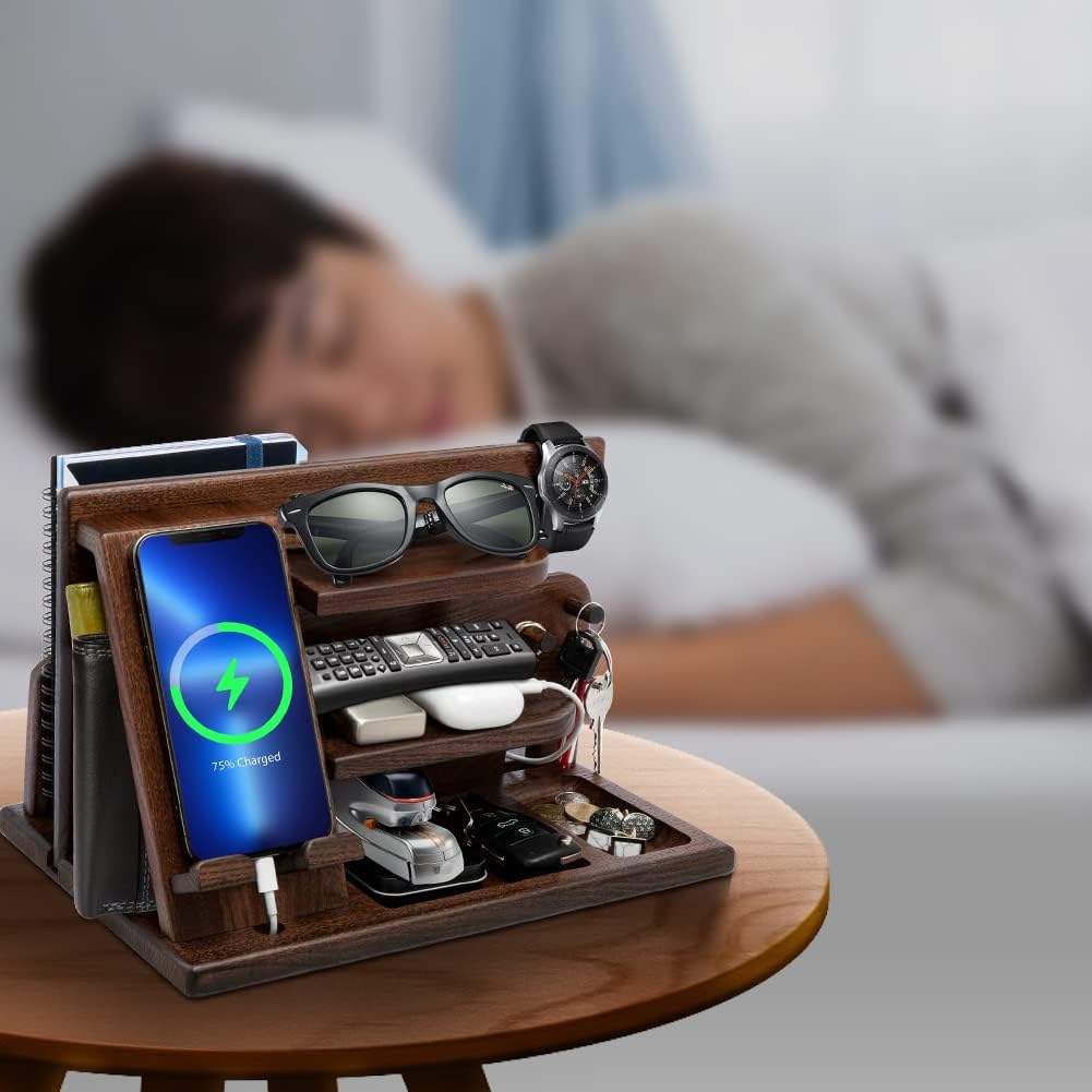 Gifts for Men Christmas, Wood Phone Docking Station, Mens Gifts for Birthday or Gifts for Dad Fathers Day, Desk Workspace Organizer Nightstand Organizer Key for Wallet & Watch Holder Husband Christmas