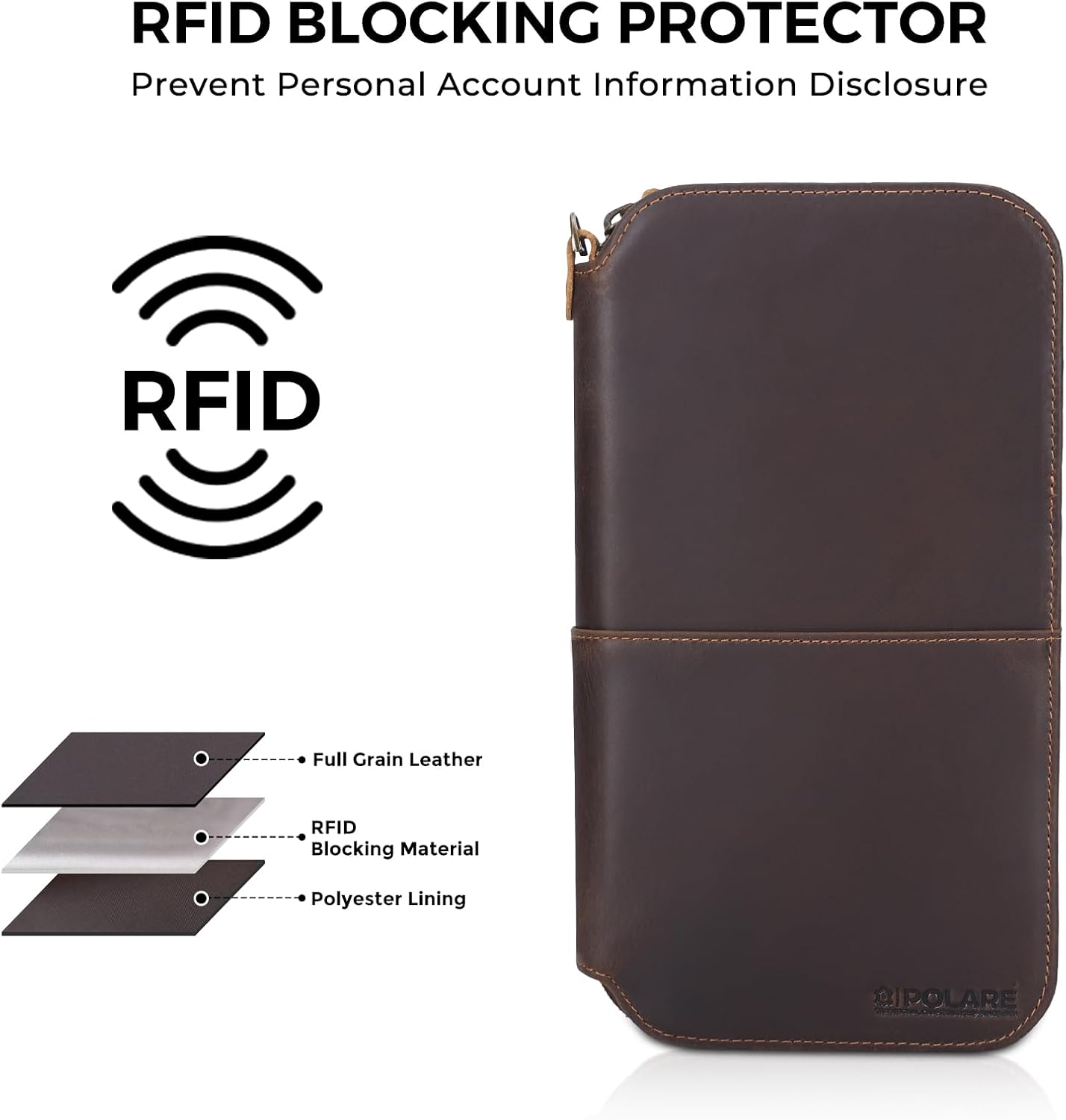 Polare Full Grain Leather Family Passport Holder Travel Wallet and Documents Organizer RFID Blocking Case Fits 6 Passports (Dark Brown with AirTag Slot)