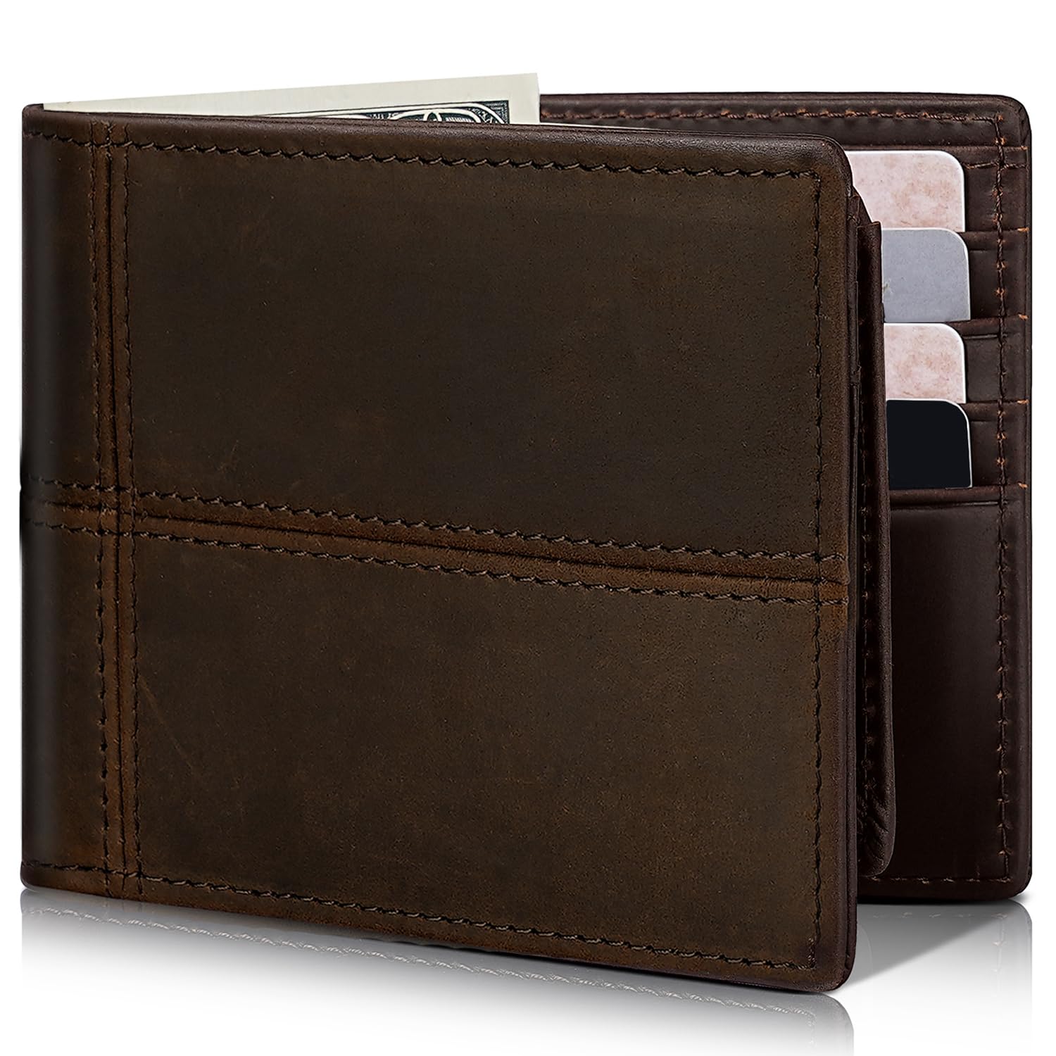 Men's Genuine Leather RFID Bifold Wallet 13 Card Slots Brown Gift Box