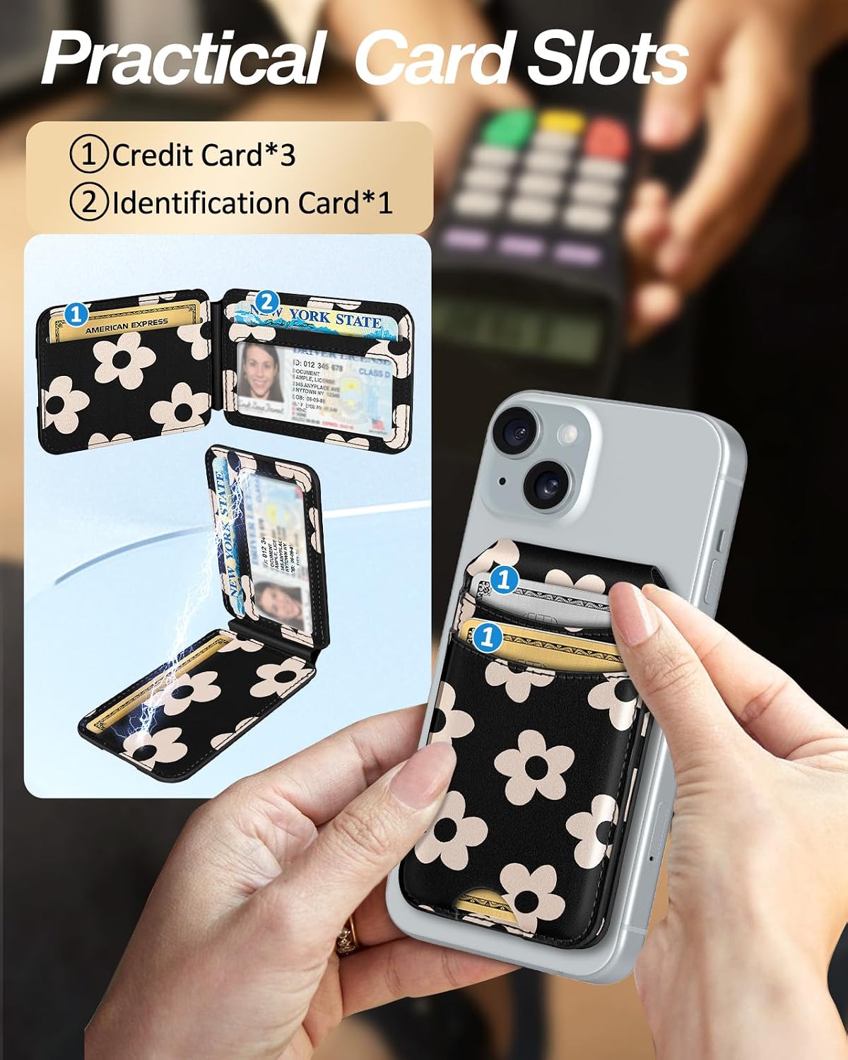 Compatible with Magsafe Wallet for Magnetic Fold Card Holder for Women - Cute Phone Wallet for iPhone 17/16/15/14/13/12 Series,RFID Blocking Stand Printed Leather Fit 4 Cards,Black Flower