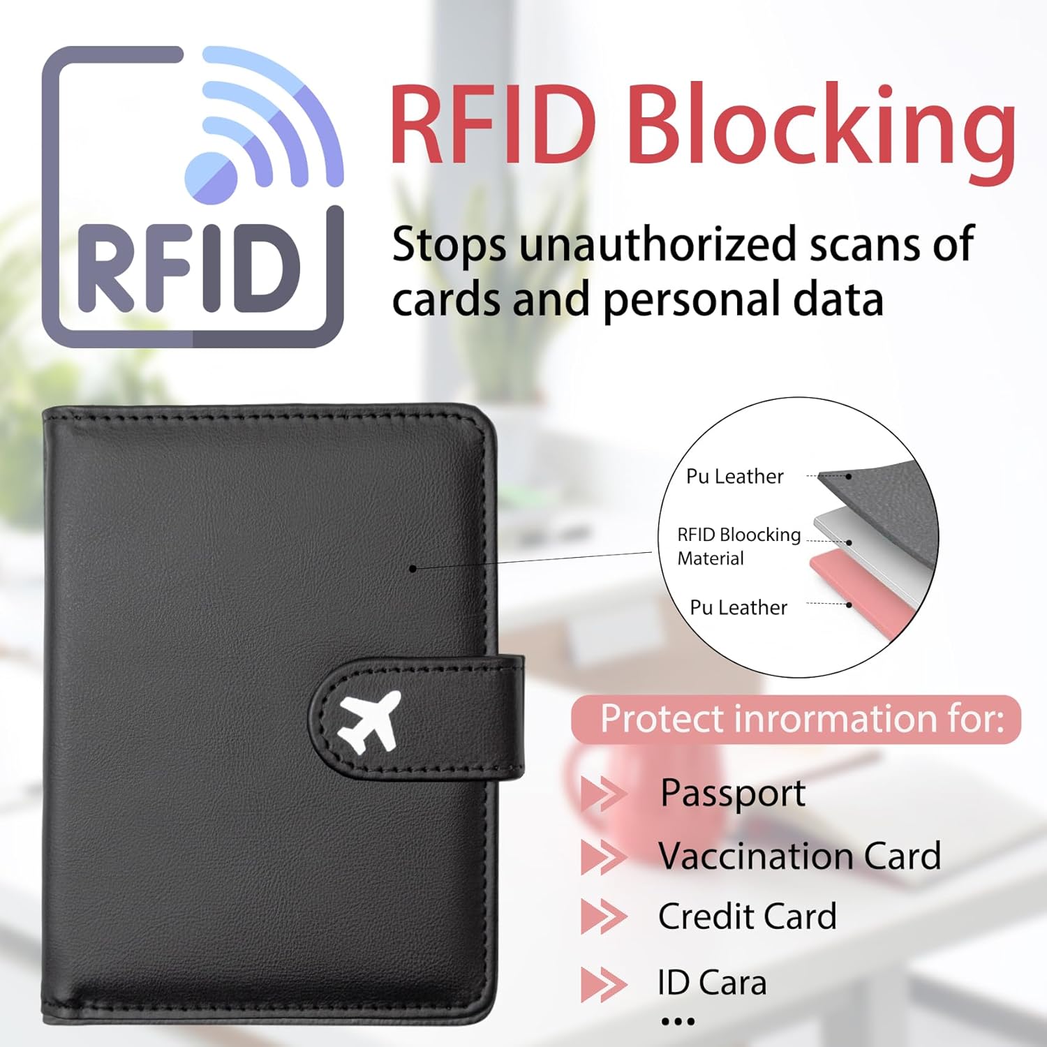 Passport Holder, Travel Wallet Cover with Pen Loop | Cute RFID Blocking Leather Case with Magnetic Closure for Travel Essentials-Black