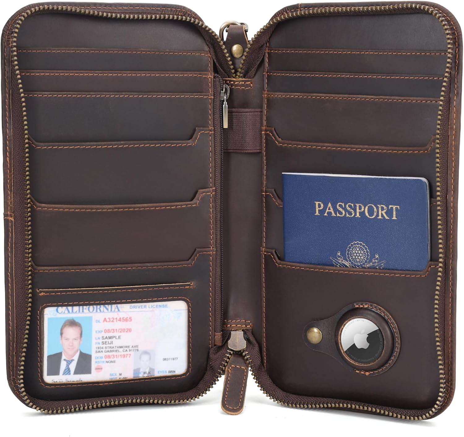 Leather Family Passport Wallet with AirTag Holder RFID Blocking