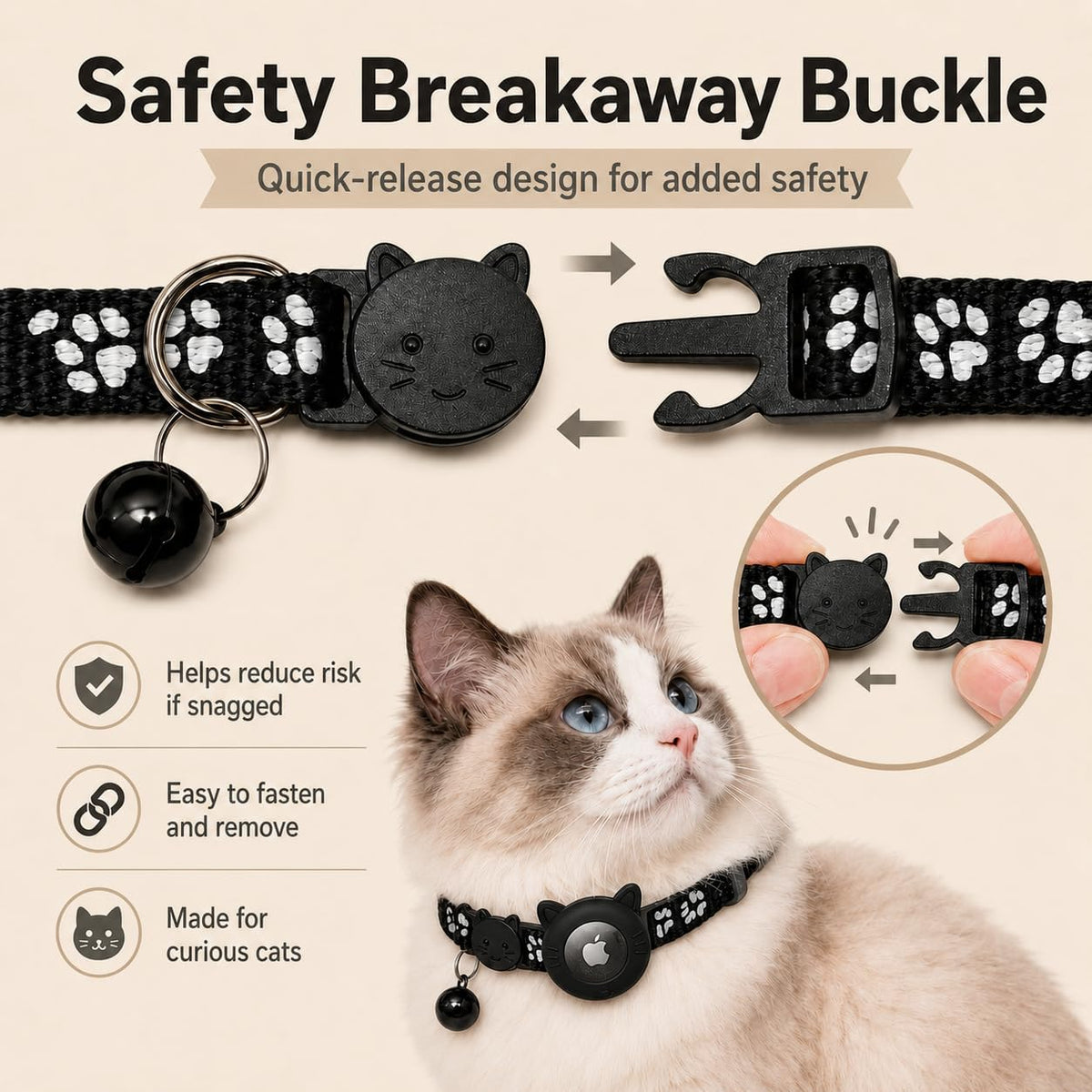 Quick-release breakaway buckle and bell on a cat collar with cat-ear AirTag holder