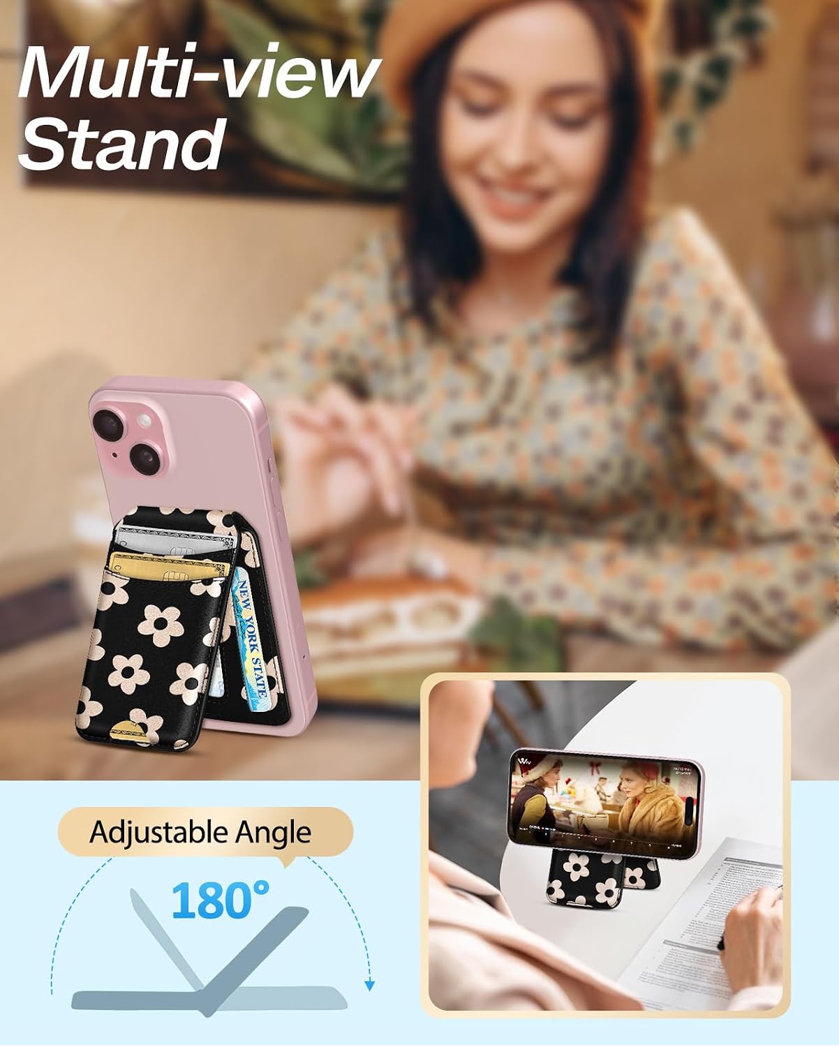 Compatible with Magsafe Wallet for Magnetic Fold Card Holder for Women - Cute Phone Wallet for iPhone 17/16/15/14/13/12 Series,RFID Blocking Stand Printed Leather Fit 4 Cards,Black Flower