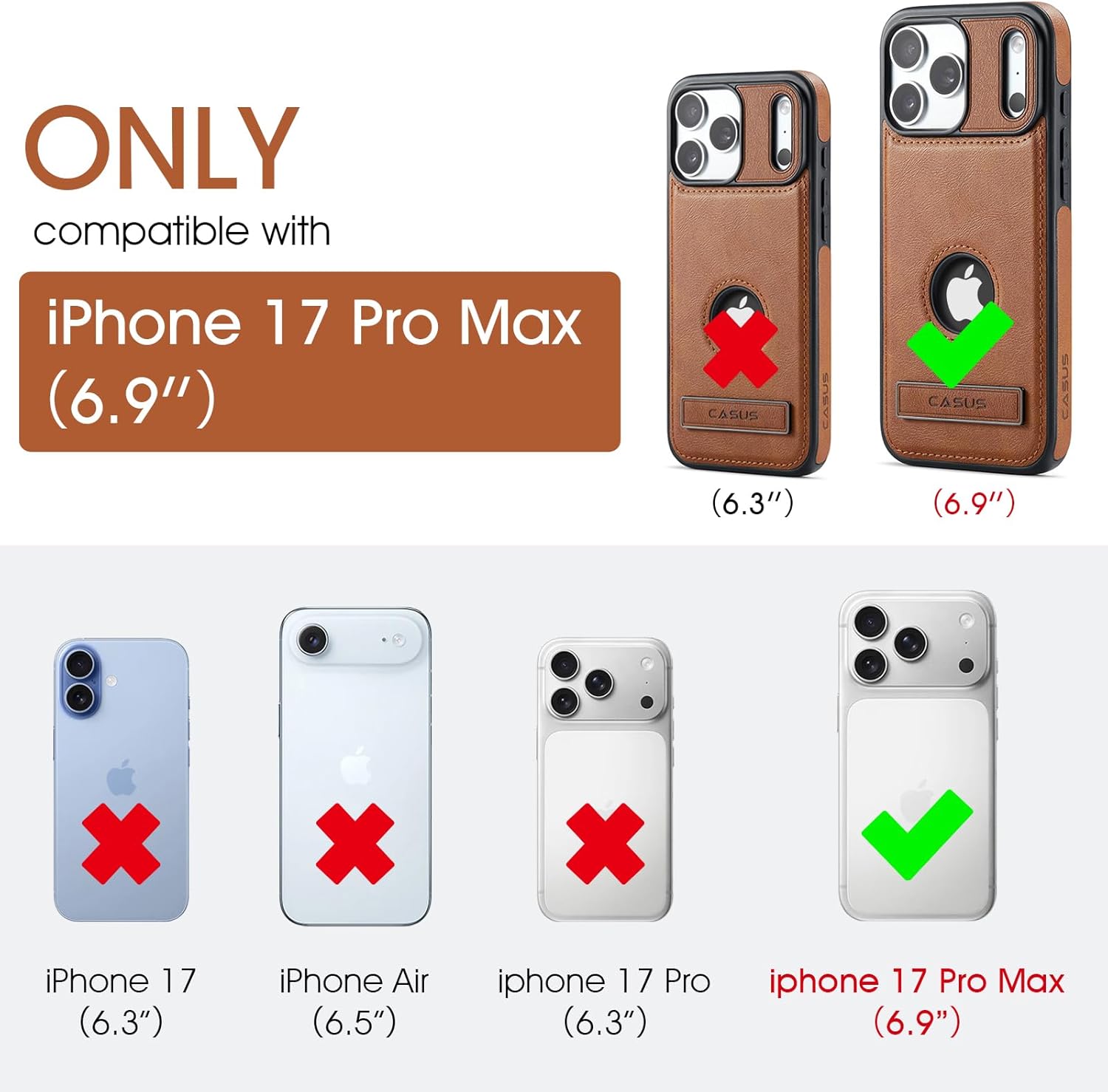 Casus Designed for iPhone 17 Pro Max Case with MagSafe, Slim Kickstand Vegan Leather Protective Cover with Tempered Glass Screen Protector, 6.9 Inch (2025), Brown