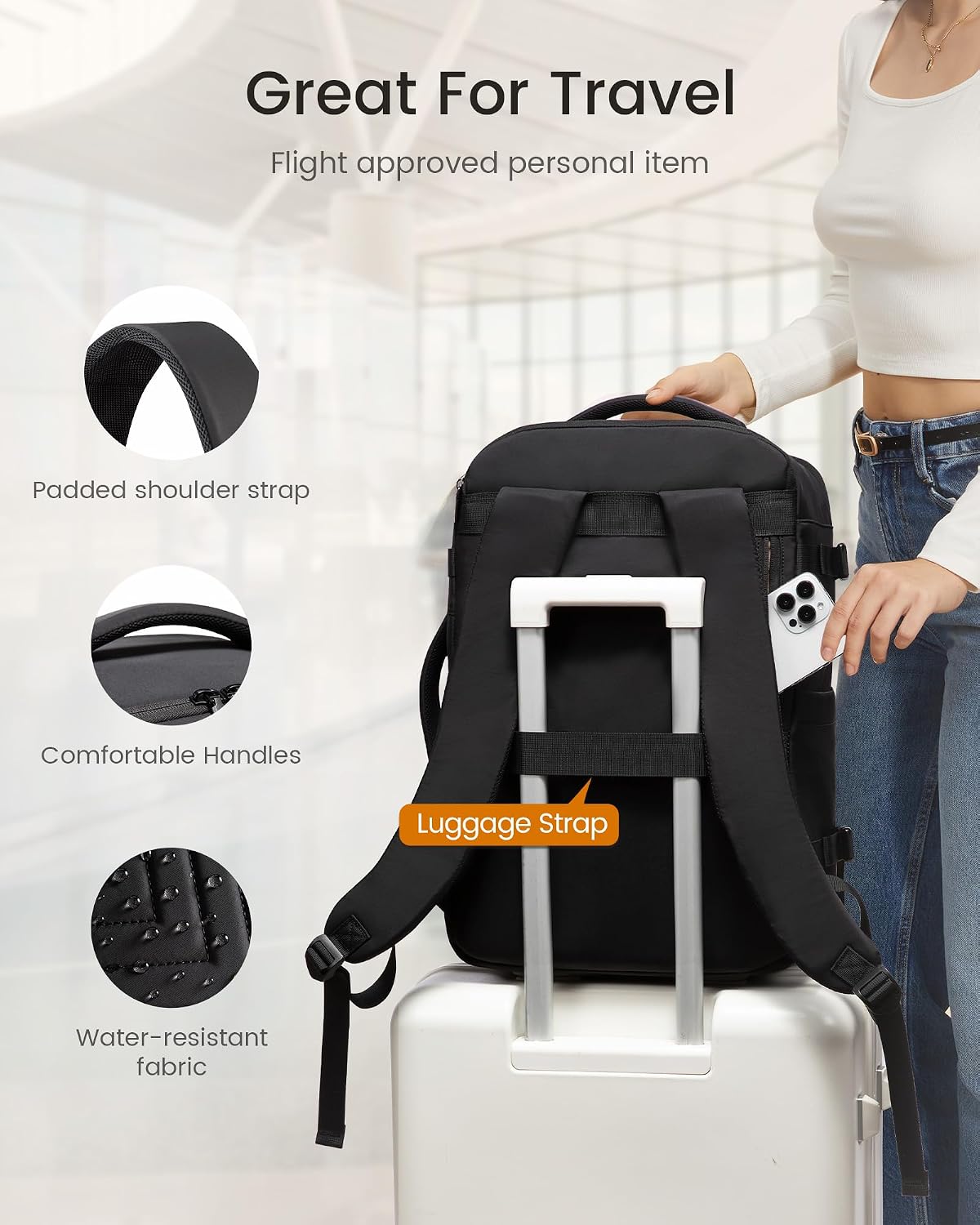 LOVEVOOK 50L Travel Backpack for Women Men, TSA Personal Item Travel Bag Fits 17.3inch Laptop, Waterproof Airline Approved Carry On Luggage With 2 Cubes for Weekender Hiking Business, Black