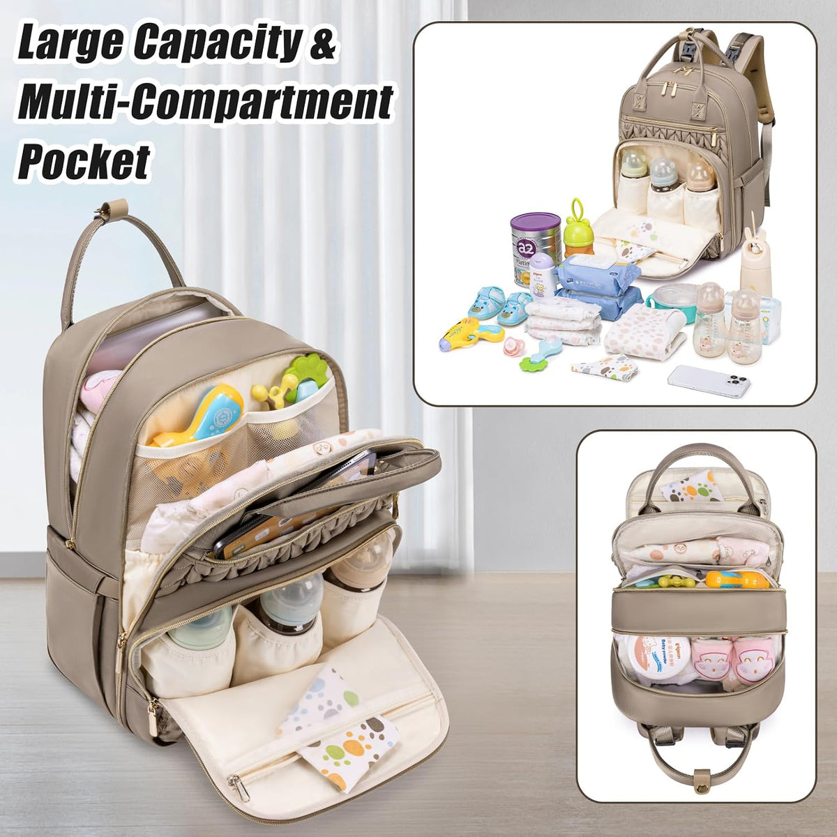 Large capacity multi-compartment diaper bag backpack opened to show organized baby essentials
