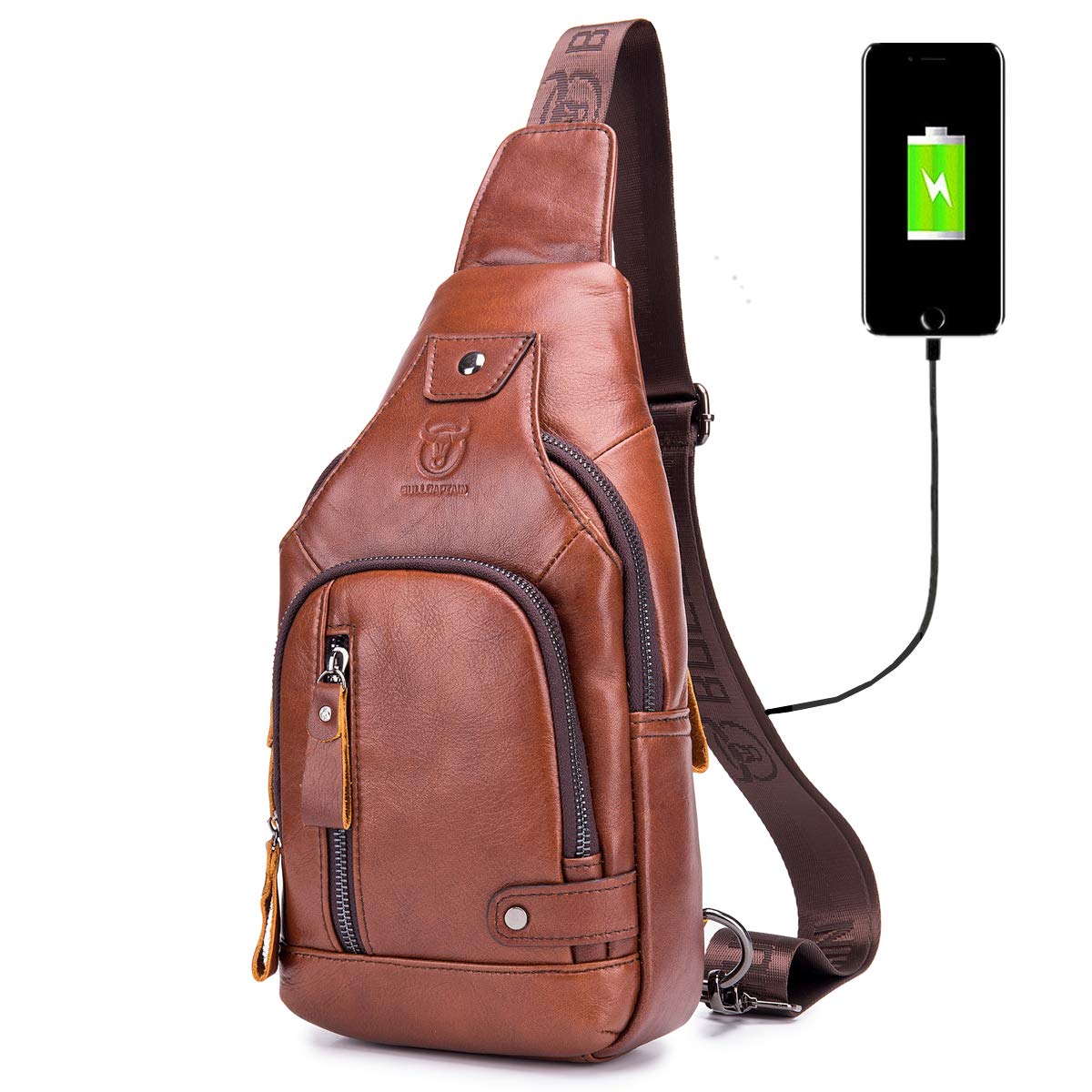Genuine Leather Sling Bag for Men – Crossbody Chest Bag with USB Charging Port & Multi-Pocket Daypack