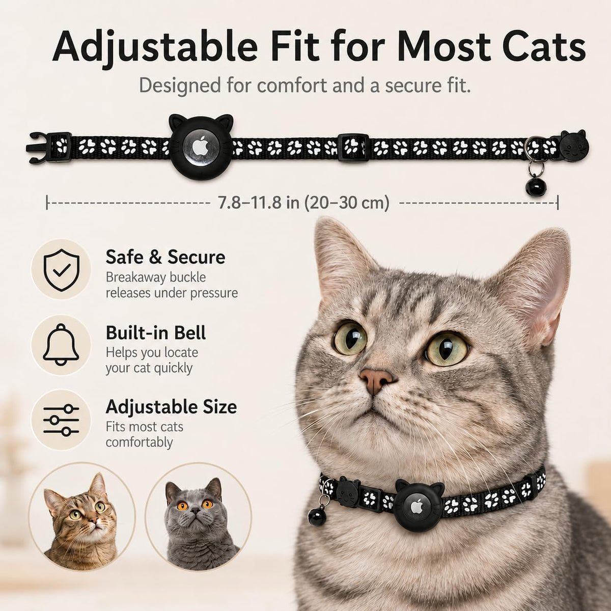Cat collar infographic showing adjustable 7.8 to 11.8 inch fit, built-in bell and breakaway buckle on a tabby cat
