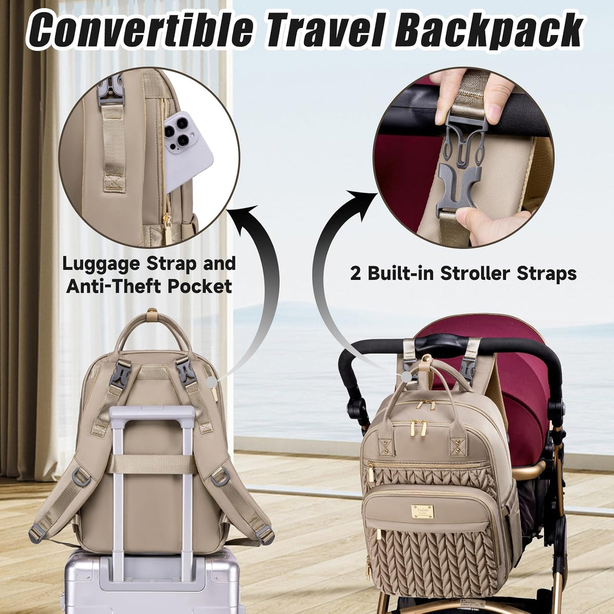 Diaper bag backpack slipped over a suitcase handle with luggage strap, anti-theft back pocket and 2 built-in stroller straps on a stroller