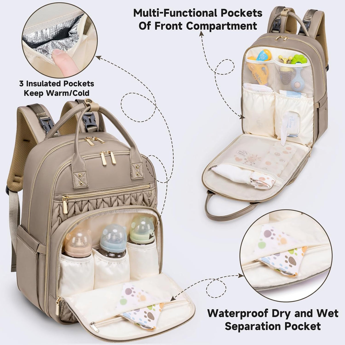 Diaper bag backpack front compartment with 3 insulated bottle pockets and wet and dry separation pocket