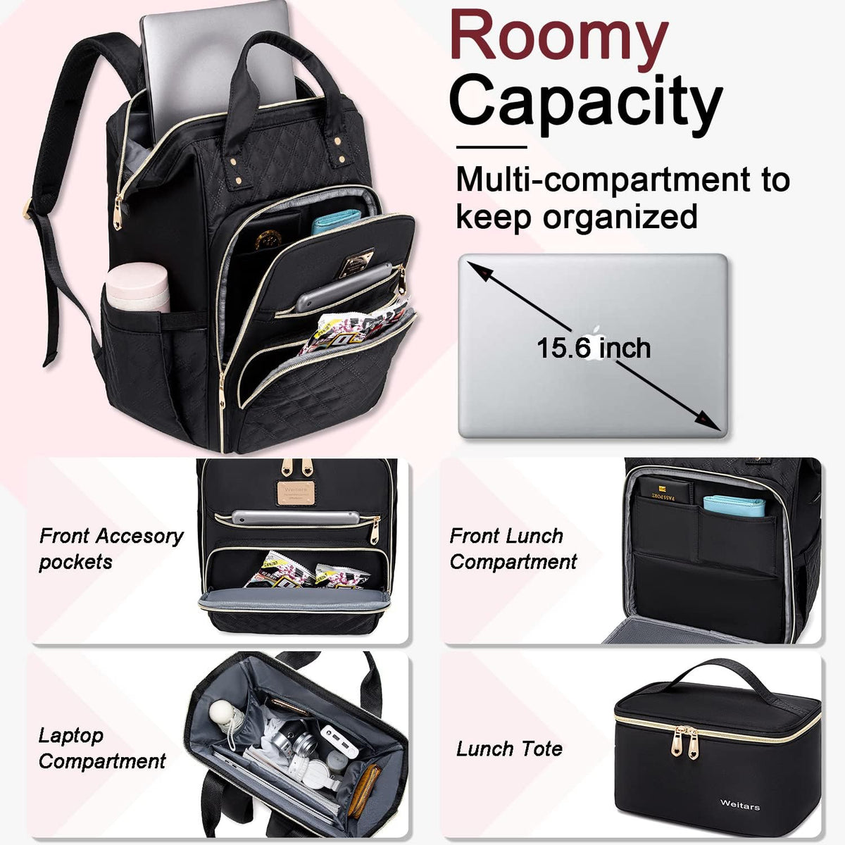 Weitars Lunch Backpack for Women,15.6 Inch Laptop Backpacks with Lunch Box