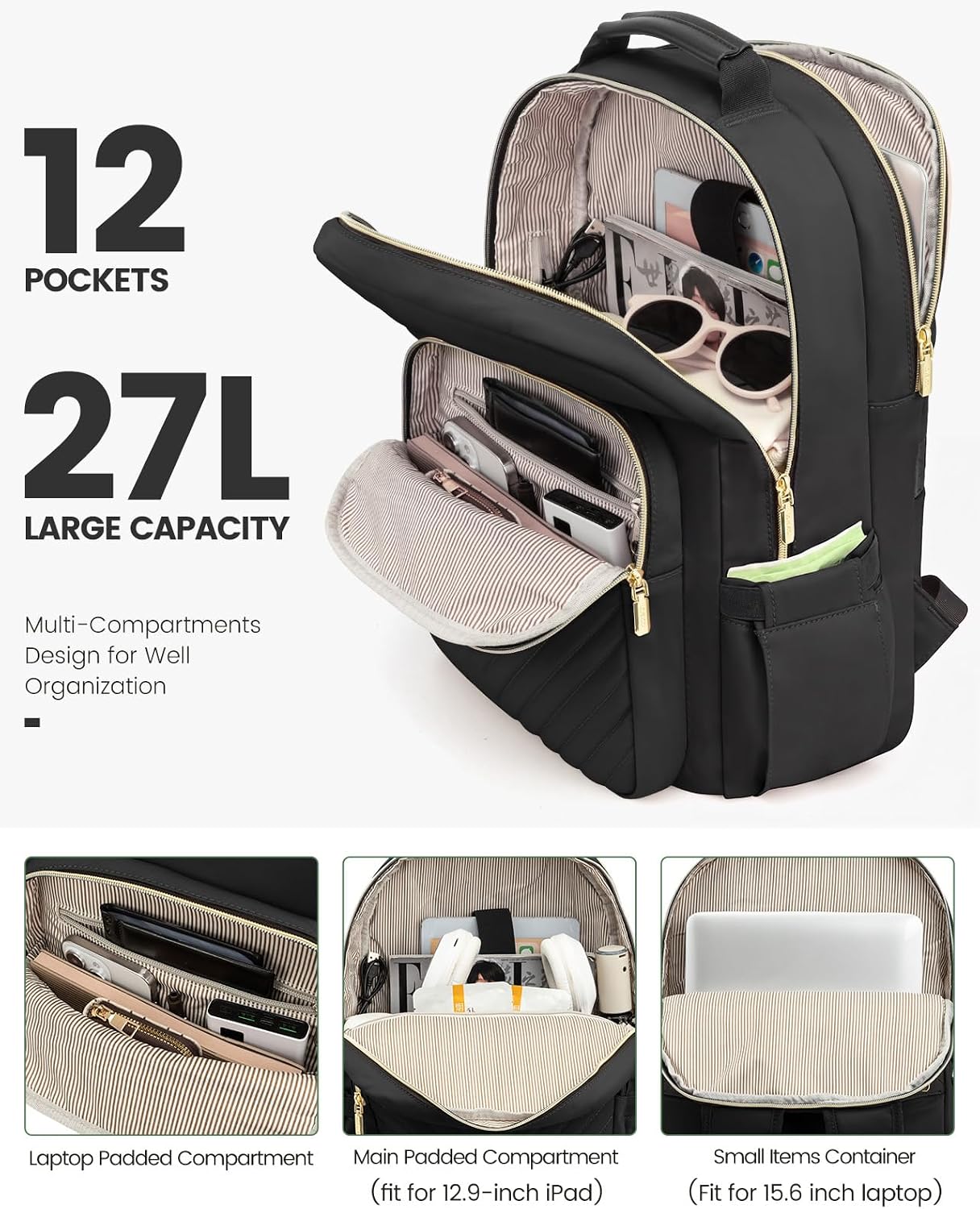 LOVEVOOK Laptop Backpack Purse for Women, Work Travel Computer Bags, College School Backpack for Student Girl, Quilted Casual Daypack with USB Port, Fit 15.6 Inch Laptop, Black