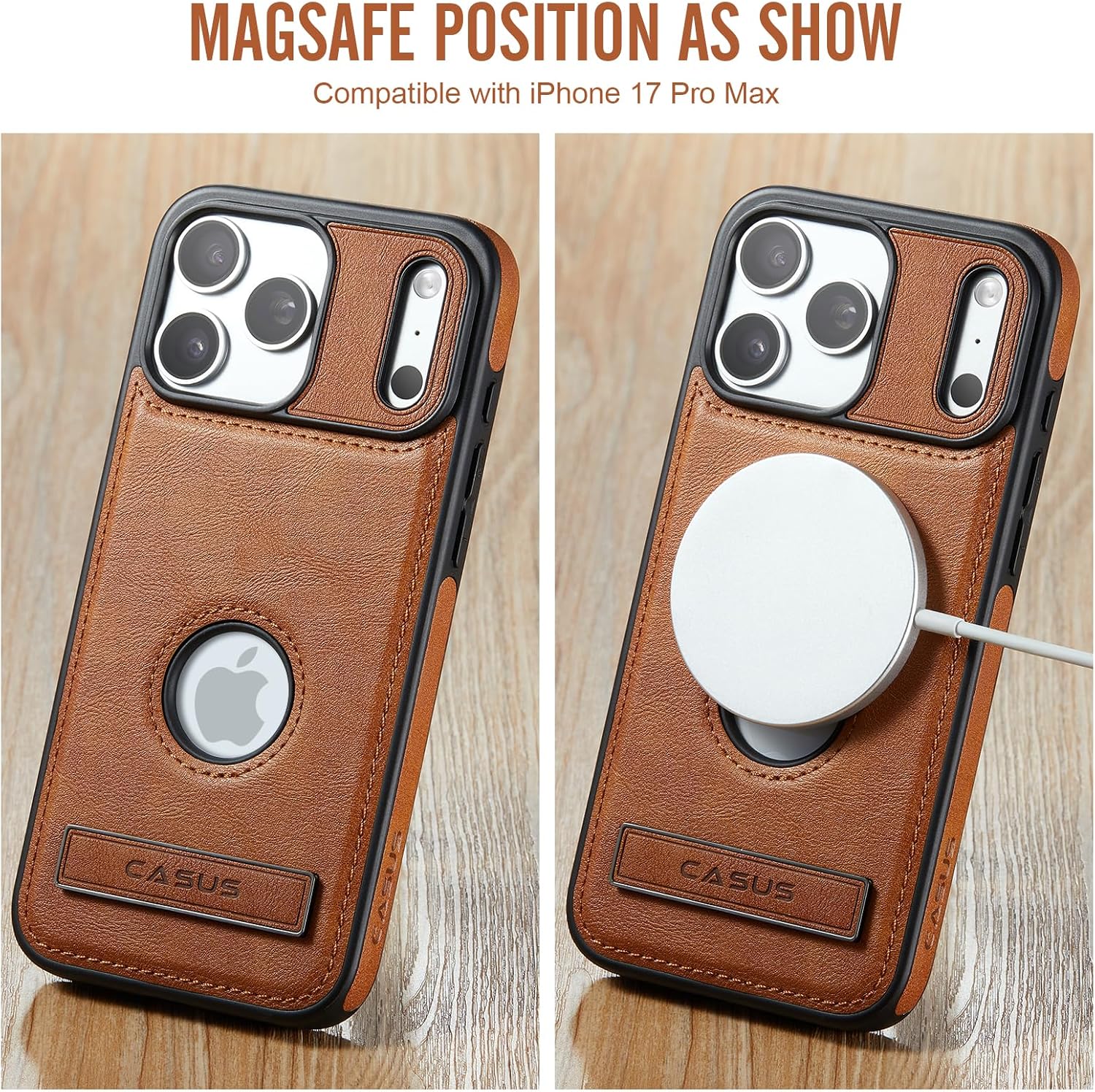 Casus Designed for iPhone 17 Pro Max Case with MagSafe, Slim Kickstand Vegan Leather Protective Cover with Tempered Glass Screen Protector, 6.9 Inch (2025), Brown