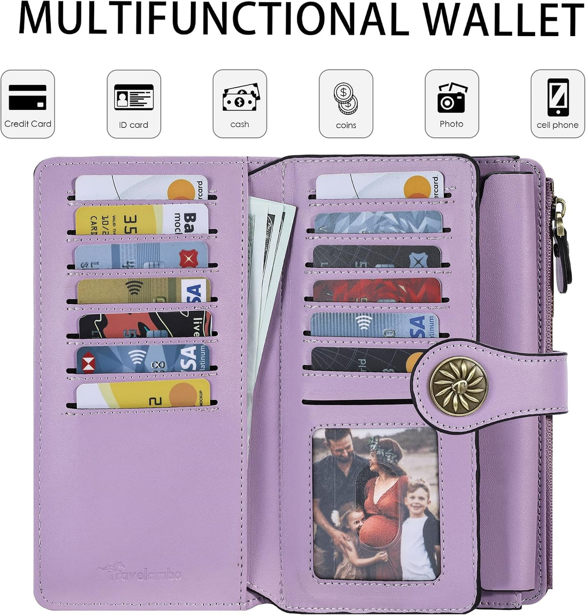 Open light purple women's wallet with cards, cash and a photo displayed in the clear ID window