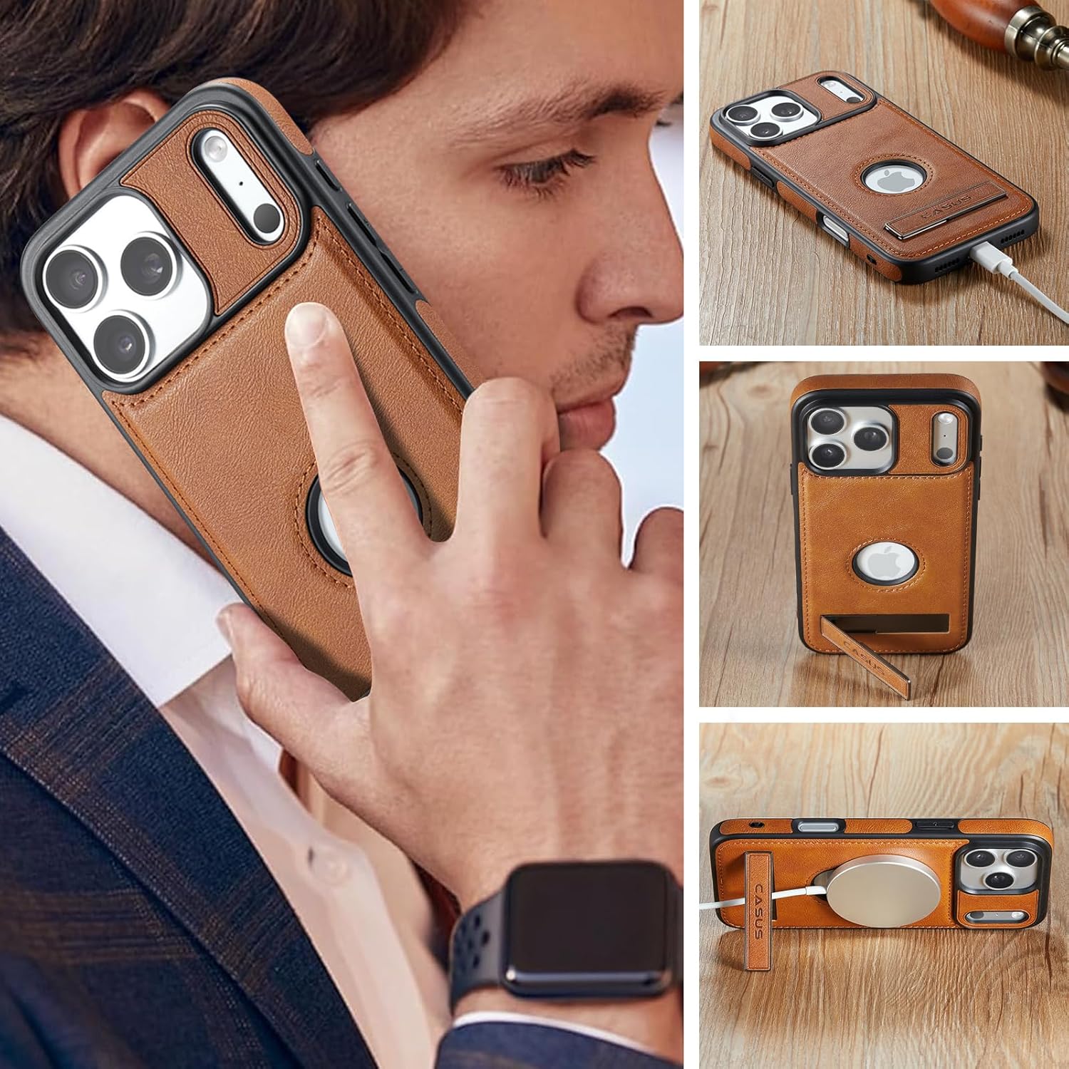 Casus Designed for iPhone 17 Pro Max Case with MagSafe, Slim Kickstand Vegan Leather Protective Cover with Tempered Glass Screen Protector, 6.9 Inch (2025), Brown