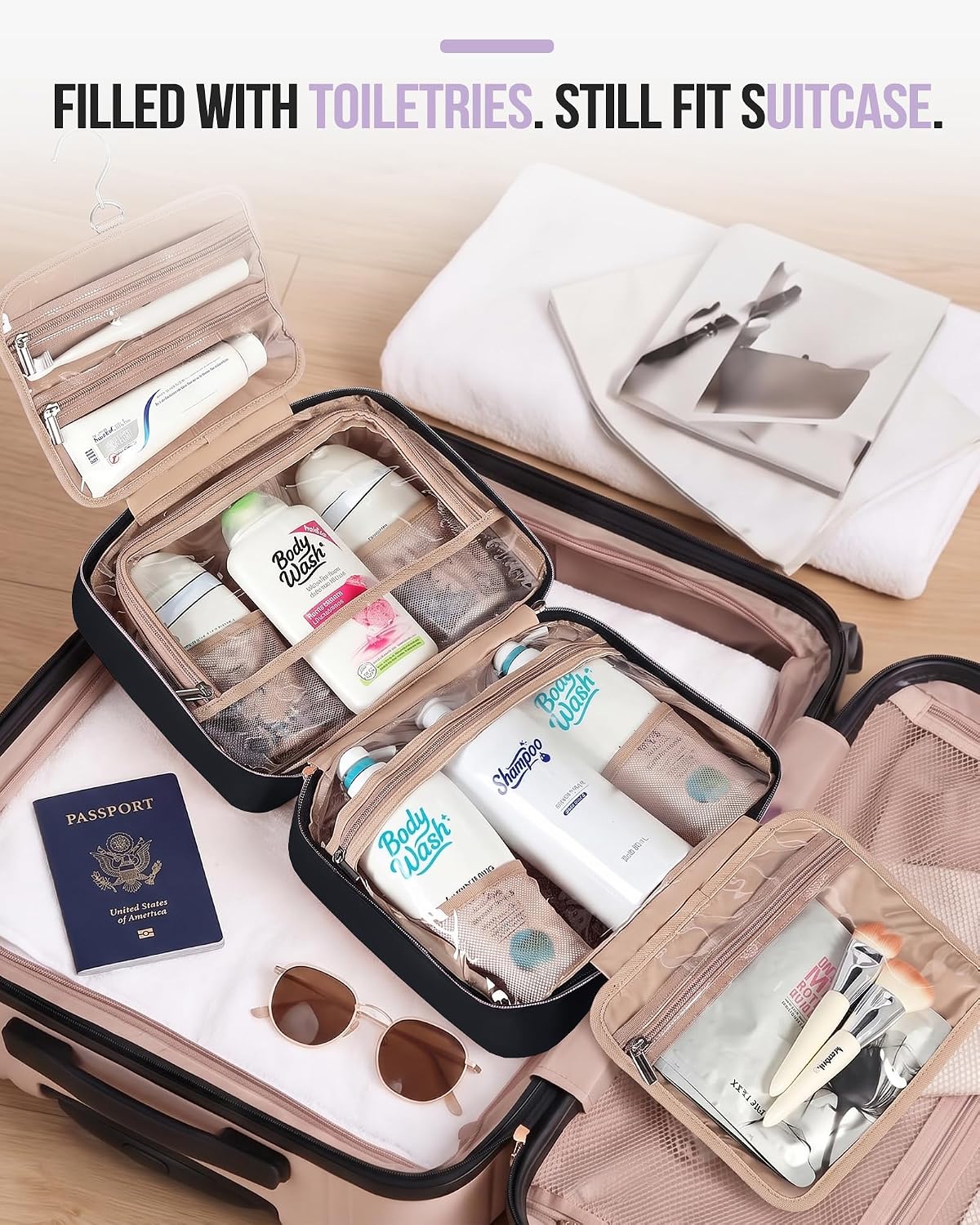 NISHEL Travel Toiletry Bag for women, Portable Hanging Organizer for Family-Sized Shampoo, Conditioner, Brushes Set, Makeup Accessories, Extra Large Size, Black