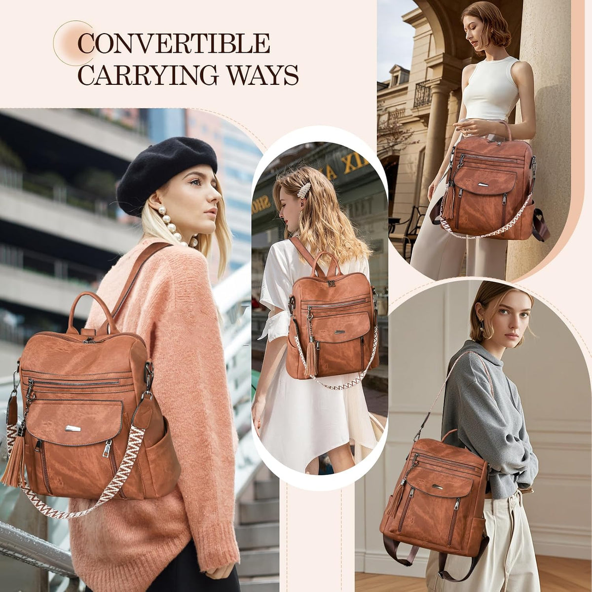 Women carrying the backpack purse as a backpack, shoulder bag and handbag