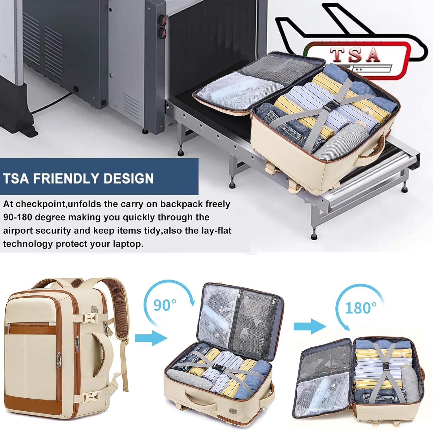Travel Backpack for Women Airline Approved Carry On Backpack with Shoe Pouch,TSA 15.6inch Laptop Mochila Flight Approved Personal Item Bag for Weekender Overnight Bags Bookbag Travel Essentials,Beige