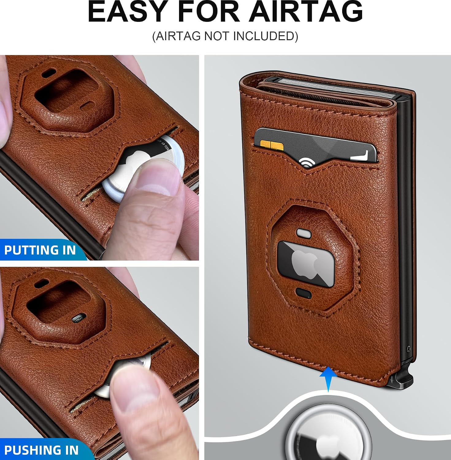 Airtag Wallet for Men,with Cash Pocket 2 ID Window 10+ Cards,Metal Case Smart Slim Pop Up Credit Card Holder Flip with Magnetic Closure RFID Blocking Trifold Leather wallet with Gift Box
