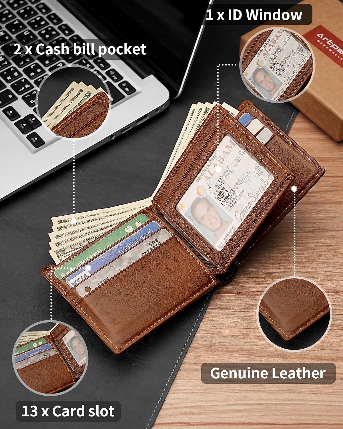 Artpaxy Mens Wallet Bifold Genuine Leather RFID Blocking Wallet for Men with 1 ID Window 13 Card Holders 2 cash pockets 1 Gift Box