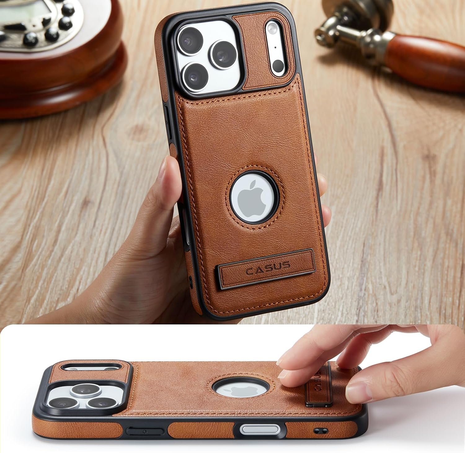 Casus Designed for iPhone 17 Pro Max Case with MagSafe, Slim Kickstand Vegan Leather Protective Cover with Tempered Glass Screen Protector, 6.9 Inch (2025), Brown