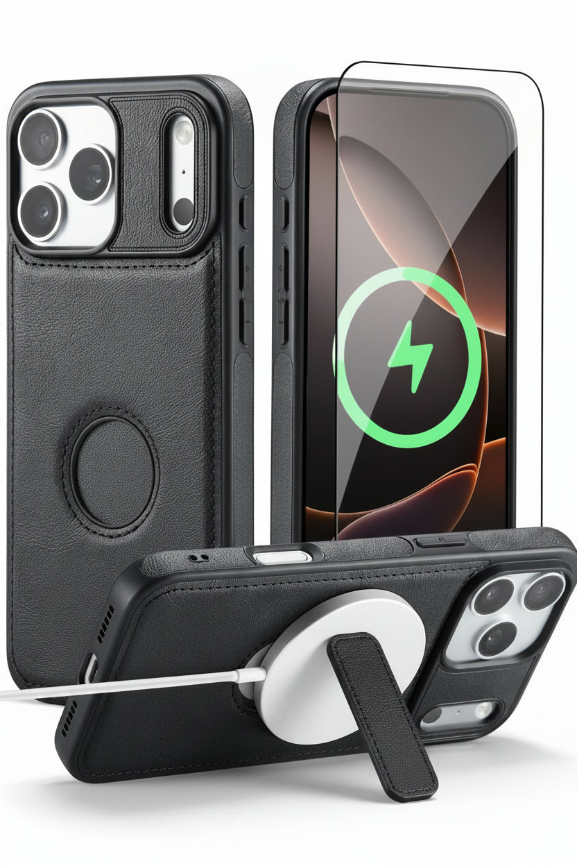 iPhone MagSafe Case with Kickstand & Tempered Glass Screen Protector