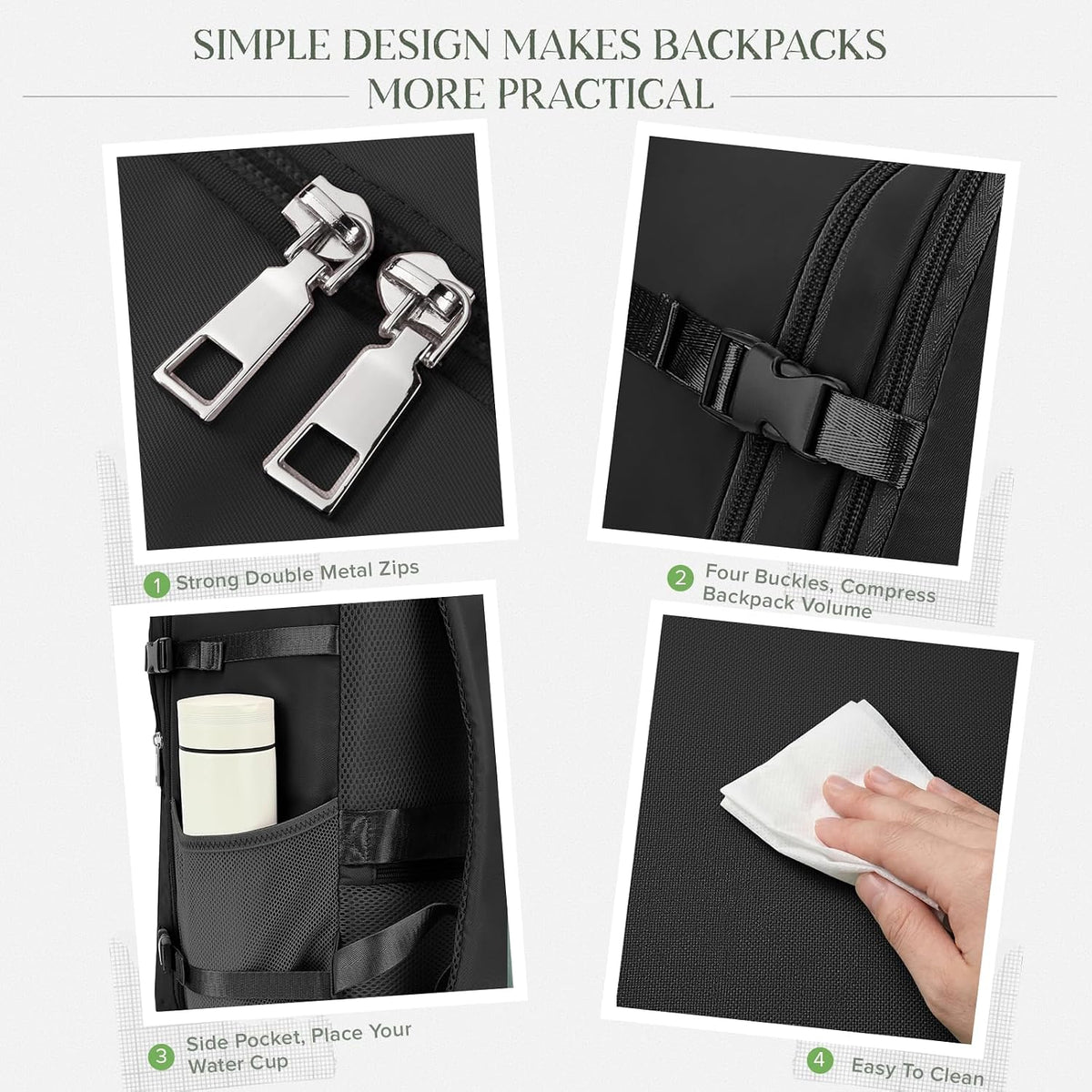 Close-up of heavy-duty zipper pulls and buckle details on the personal item backpack