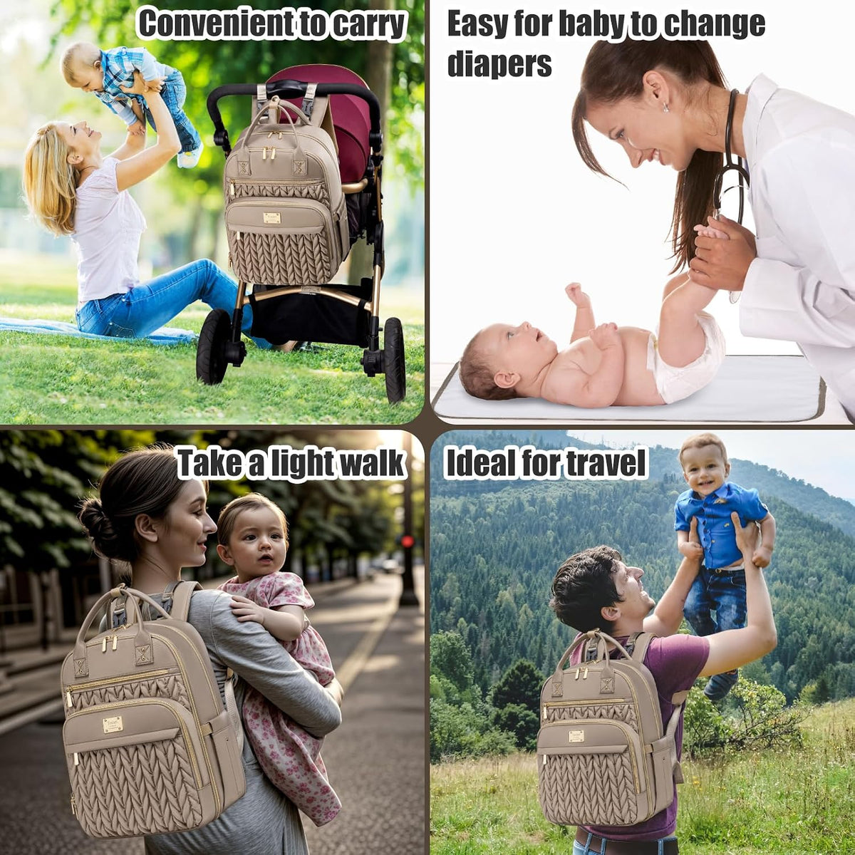Parents using the diaper bag backpack on a stroller, on a walk, while traveling and with the changing pad