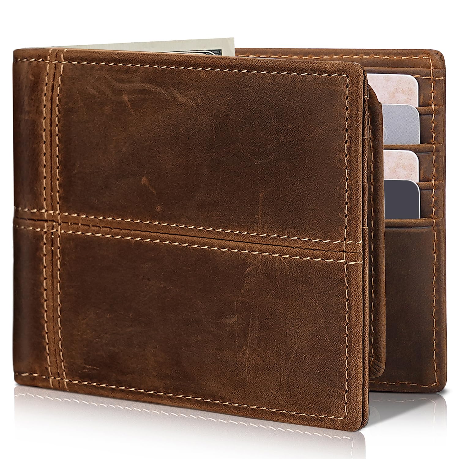Men's Genuine Leather RFID Bifold Wallet 13 Card Slots Brown Gift Box