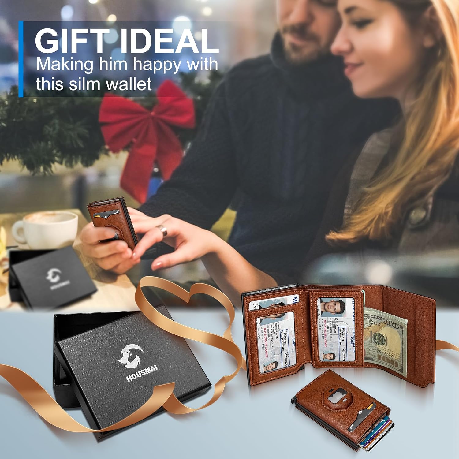 Airtag Wallet for Men,with Cash Pocket 2 ID Window 10+ Cards,Metal Case Smart Slim Pop Up Credit Card Holder Flip with Magnetic Closure RFID Blocking Trifold Leather wallet with Gift Box