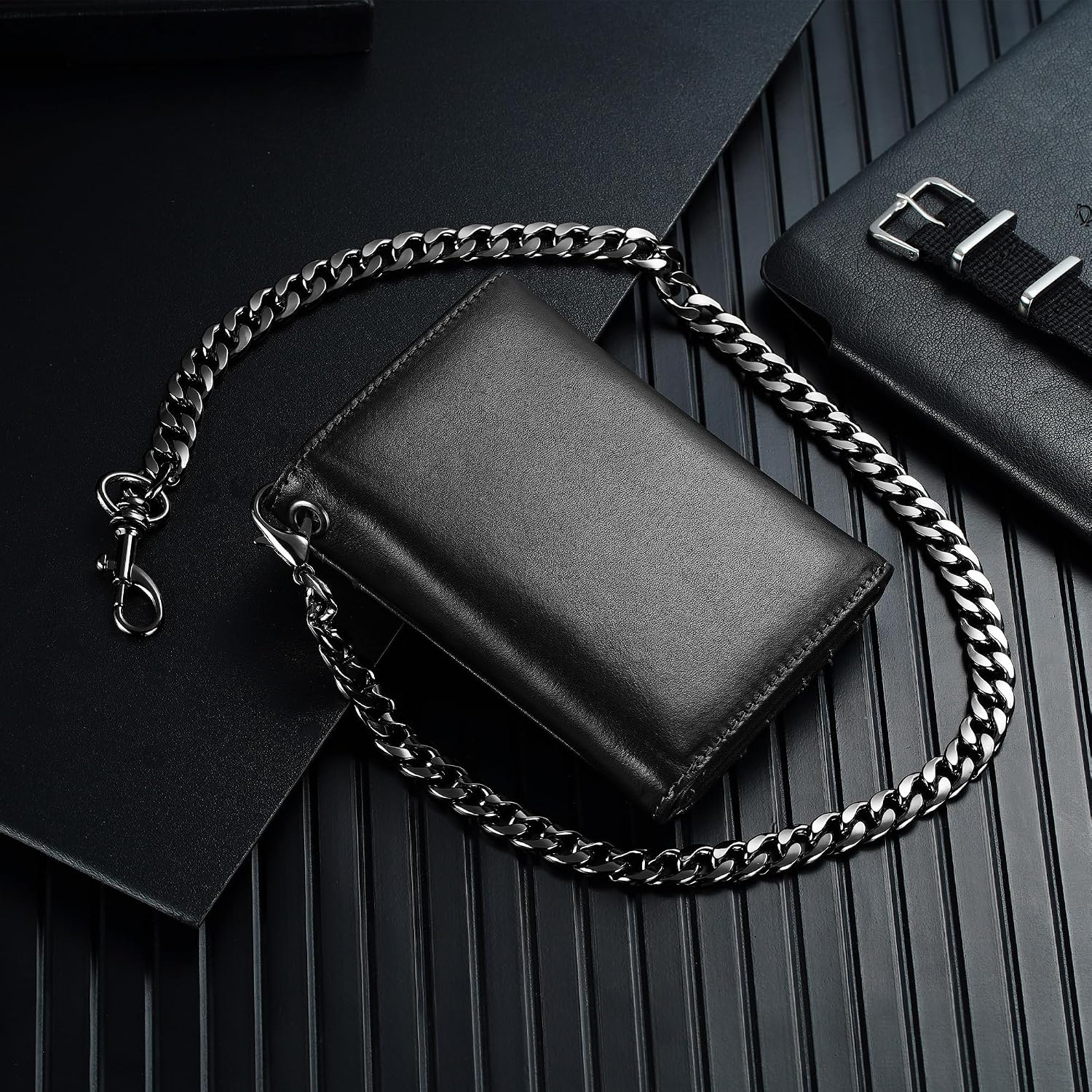 furid Genuine Leather Trifold Chain Wallet for Men with RFID Blocking