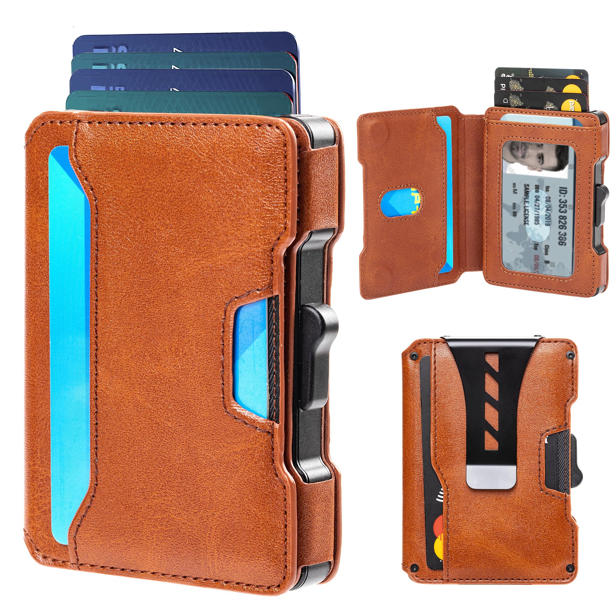 Wallet for Men, RFID Blocking Slim Mens Wallet with Money Clip, Minimalist Pop Up Card Case, ID Window, 9-11Cards Capacity, Bifold Leather Front Pocket Wallet with Gift Box(Forest Brown)