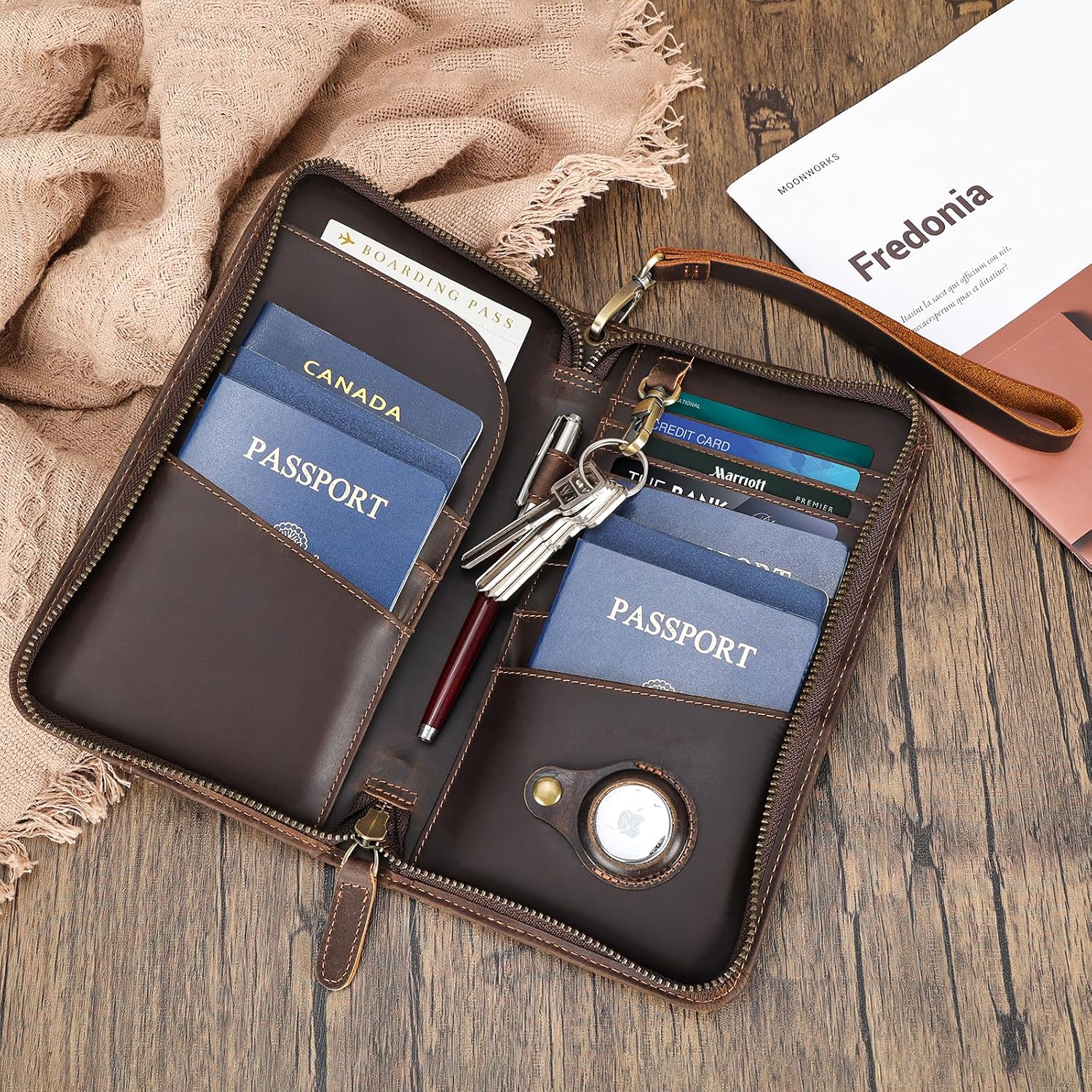 Polare Full Grain Leather Family Travel Passport Wallet and Documents Organizer RFID Blocking Case Holder Fits 6 Passports for Men and Women