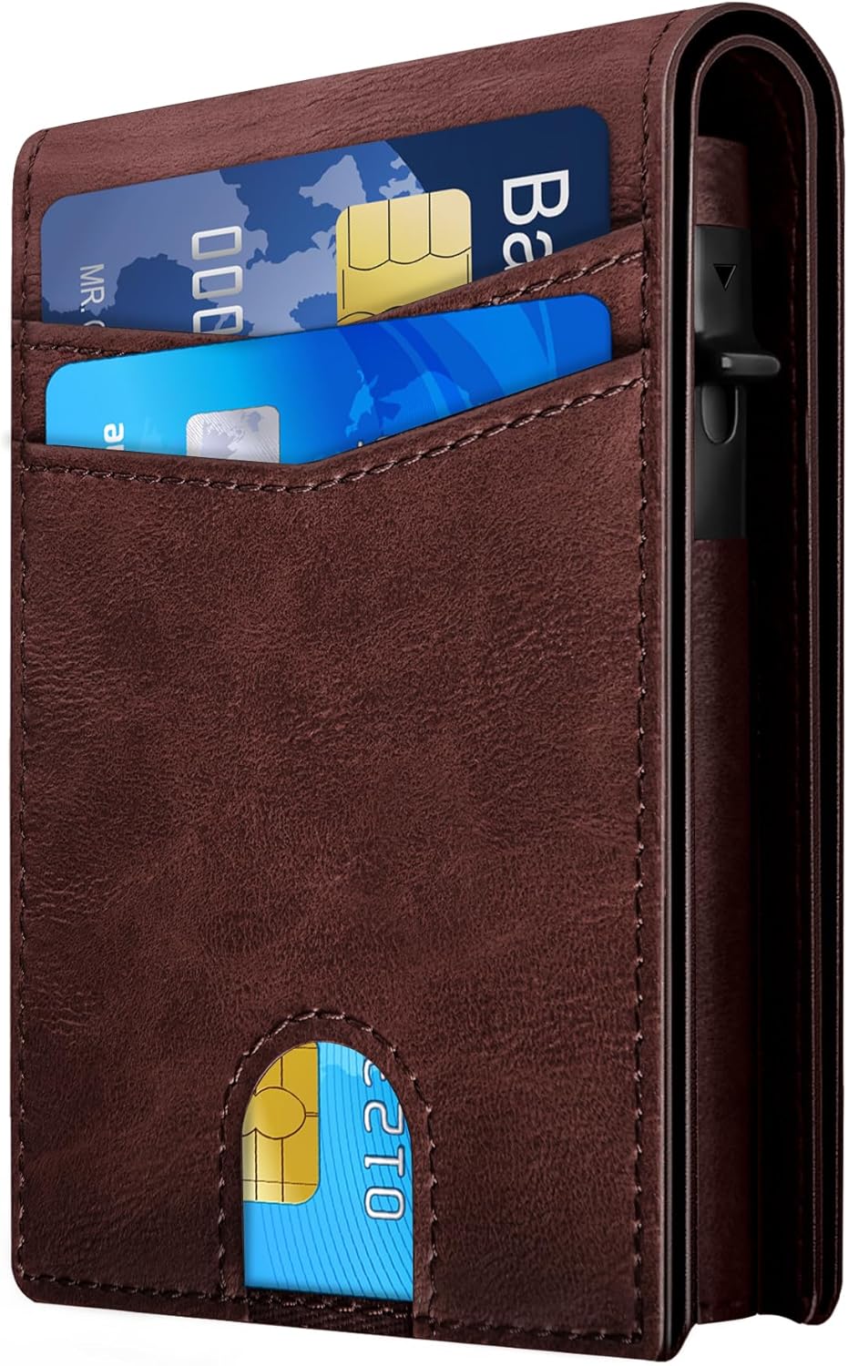 RFID Slim Wallet for Men with Pop-Up Card Holder & Money Clip – Front Pocket Leather Bifold Wallet with ID Window