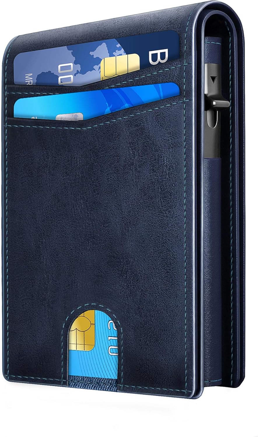 RFID Slim Wallet for Men with Pop-Up Card Holder & Money Clip – Front Pocket Leather Bifold Wallet with ID Window