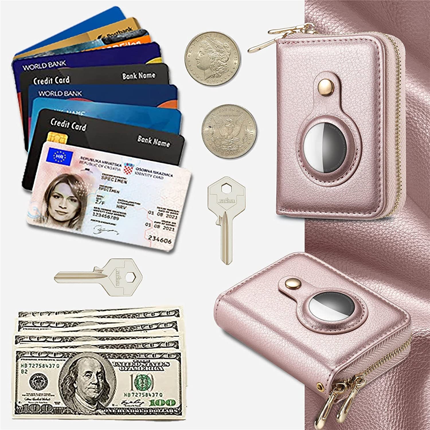 ABBY's RFID Blocking AirTag Wallet for Women - Slim Rose Gold PU Leather Zipper Wallet - Abbycart