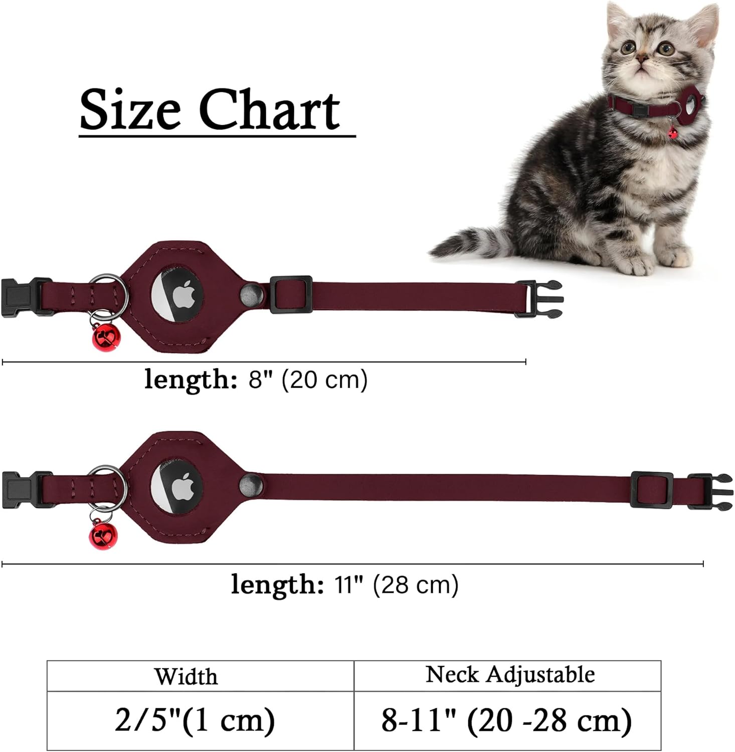 Adjustable Leather Cat Collar with AirTag Holder - Breakaway Design with Bell - Abbycart