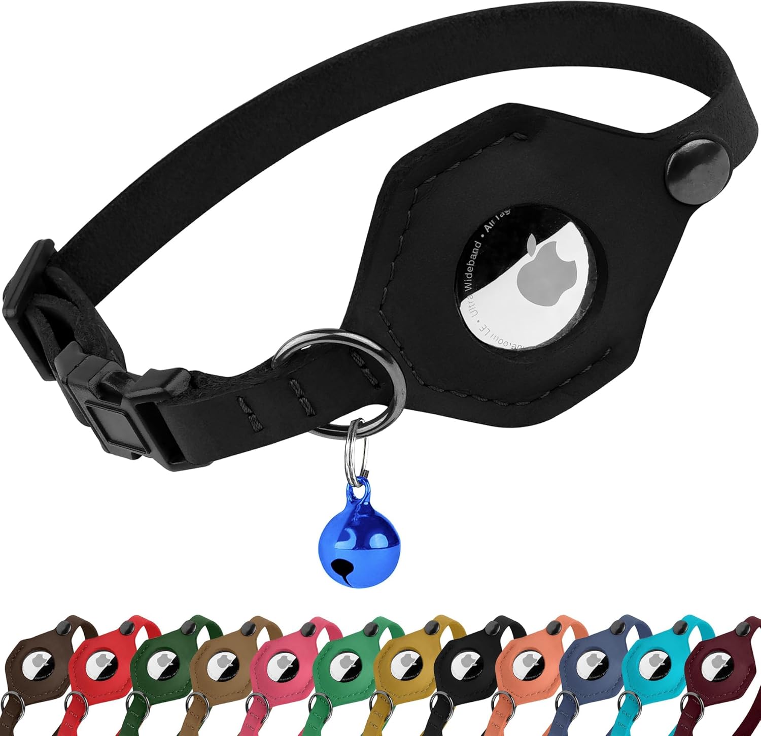 Adjustable Leather Cat Collar with AirTag Holder - Breakaway Design with Bell - Abbycart