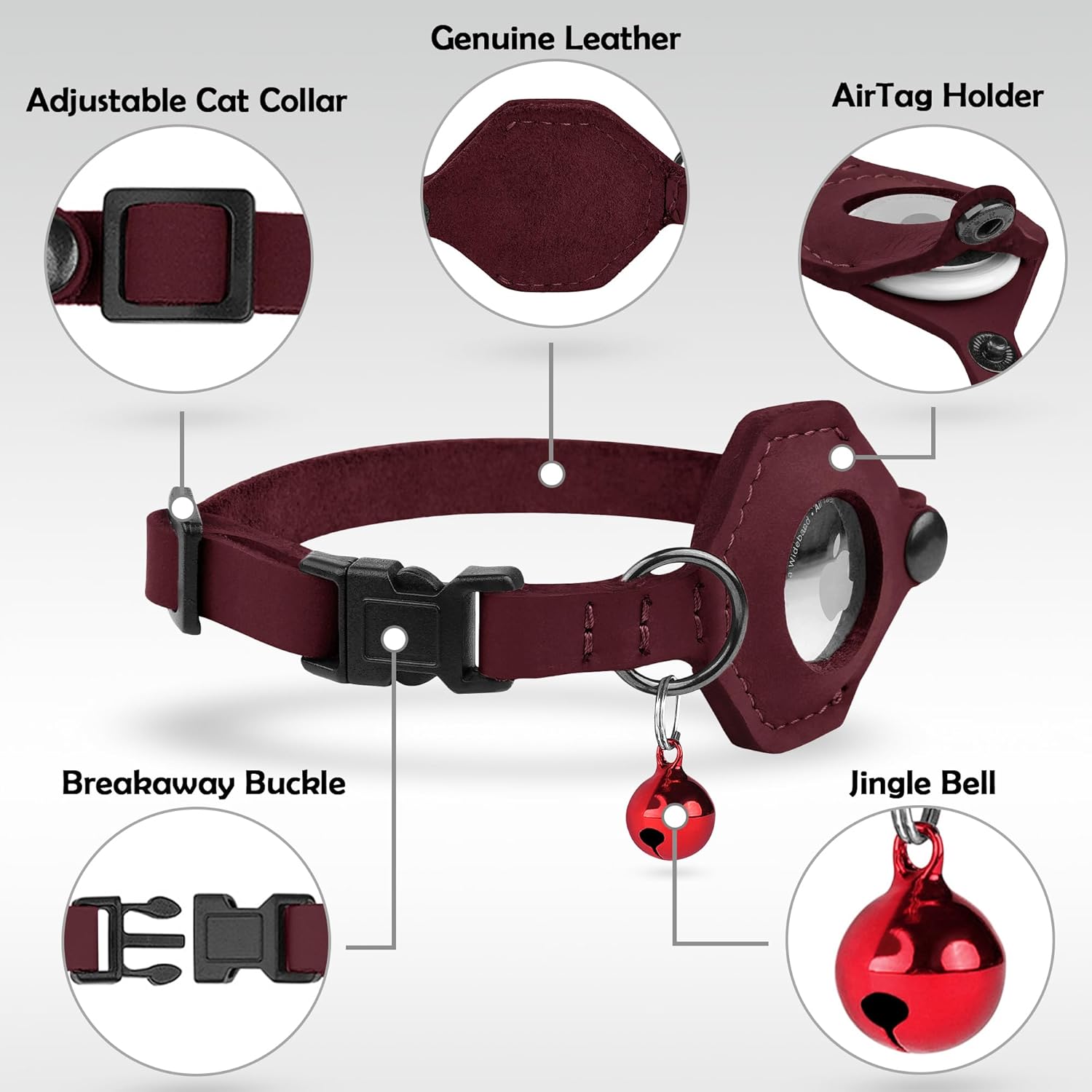 Adjustable Leather Cat Collar with AirTag Holder - Breakaway Design with Bell - Abbycart