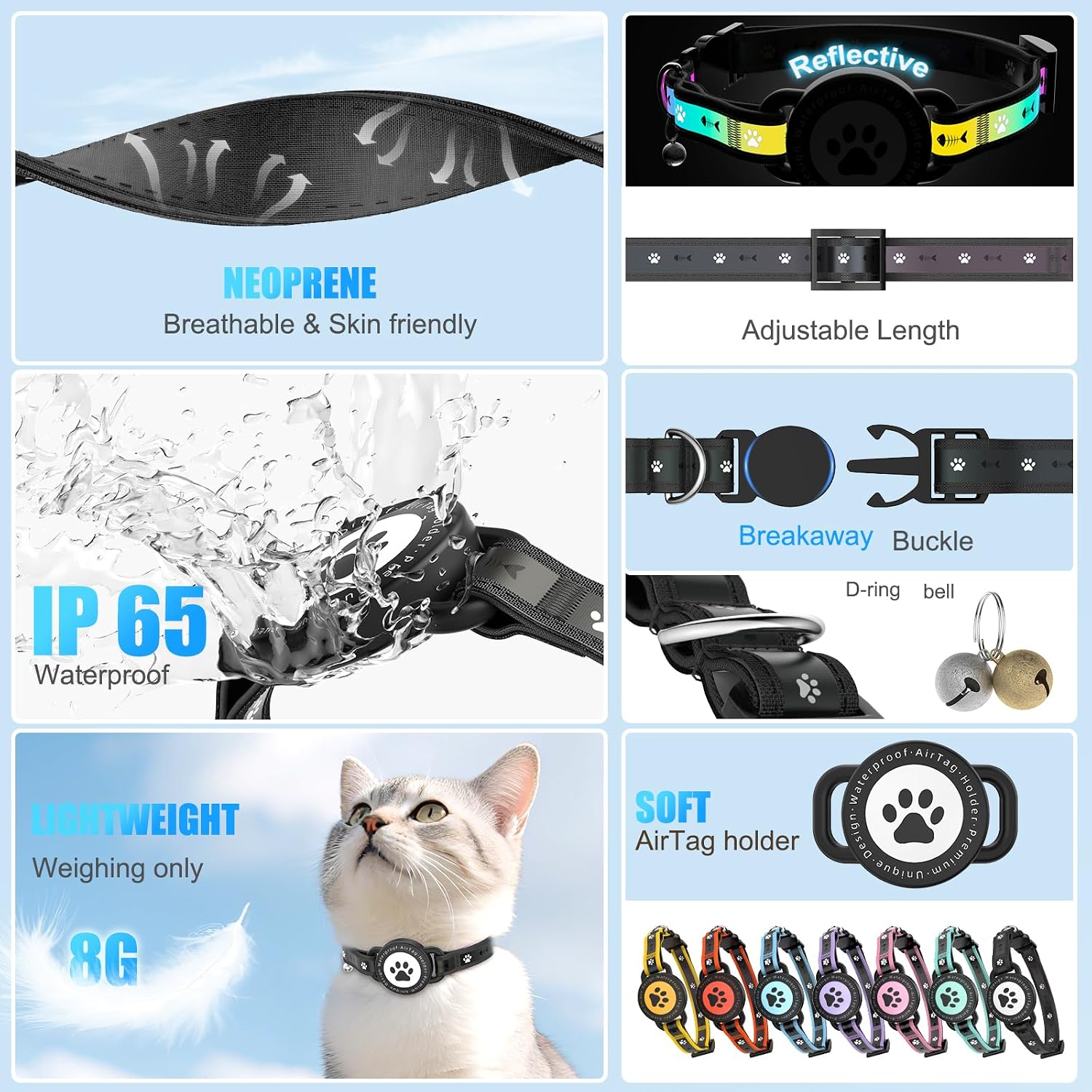 Airtag Cat Collar Breakaway, Reflective Cat Collar with AirTag Holder and Bell, Compatible with Apple Air Tag, Comfortable Padding, Adjustable, Durable (Black)
