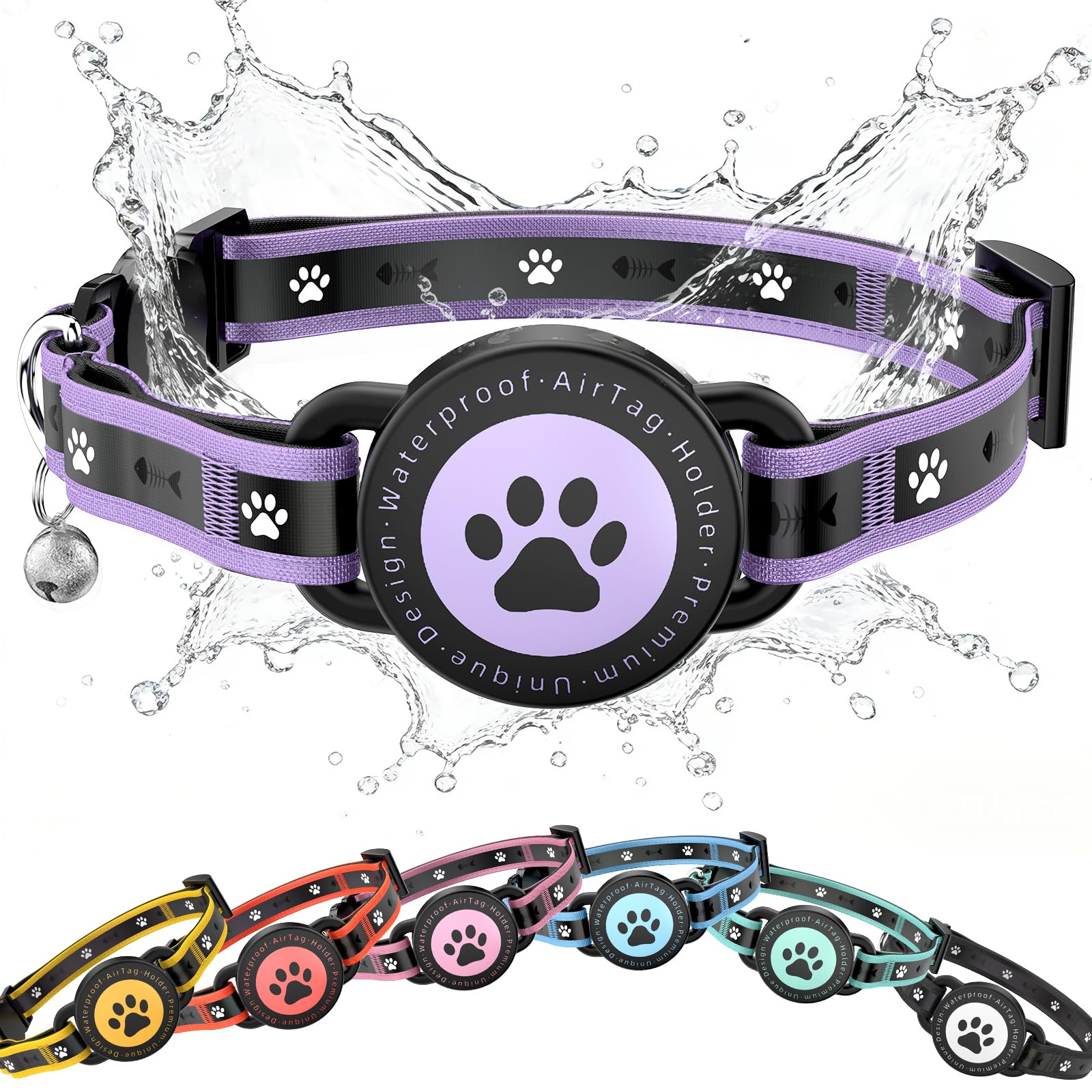 AirTag Breakaway Reflective Cat Collar with Holder & Bell