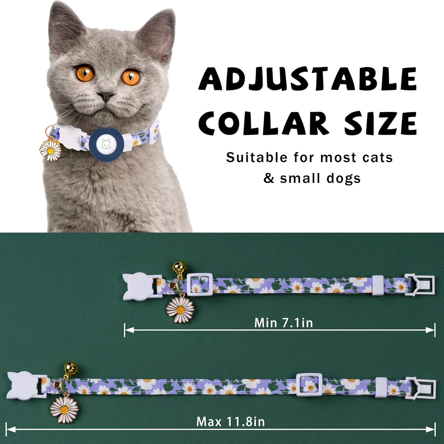 Airtag Cat Collar, JXFUKAL Kitten Collar Breakaway with Silicone Airtag Holder, Bells & Flower Charm for Girl Cats Boy Cats Small Dogs(Blue)