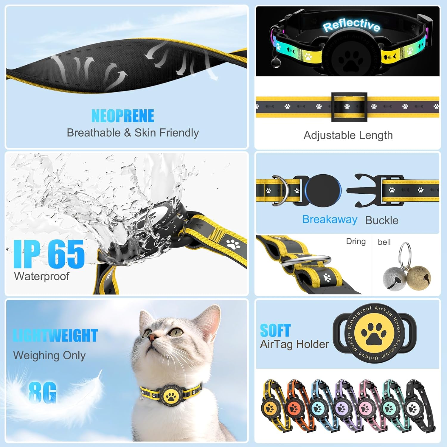 AirTag Cat Collar Reflective Breakaway Adjustable with Bell