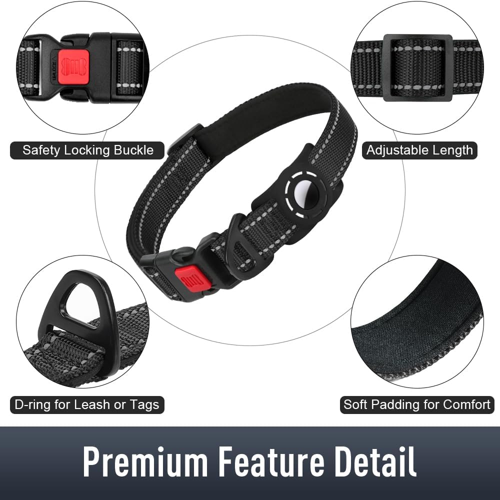 AirTag Dog Collar with AirTag Holder Compatible for Air Tag, Reflective Soft Padded, Safety Locking Buckle, Adjustable Nylon for Small Medium Large Dogs (Black,S)